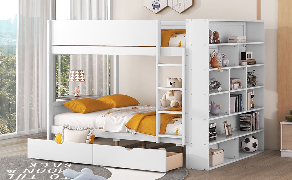 Full Over Full Wood Bunk Bed with Storage Drawers and Multi-Layer Cabinet, White | Just Better Bunk Beds