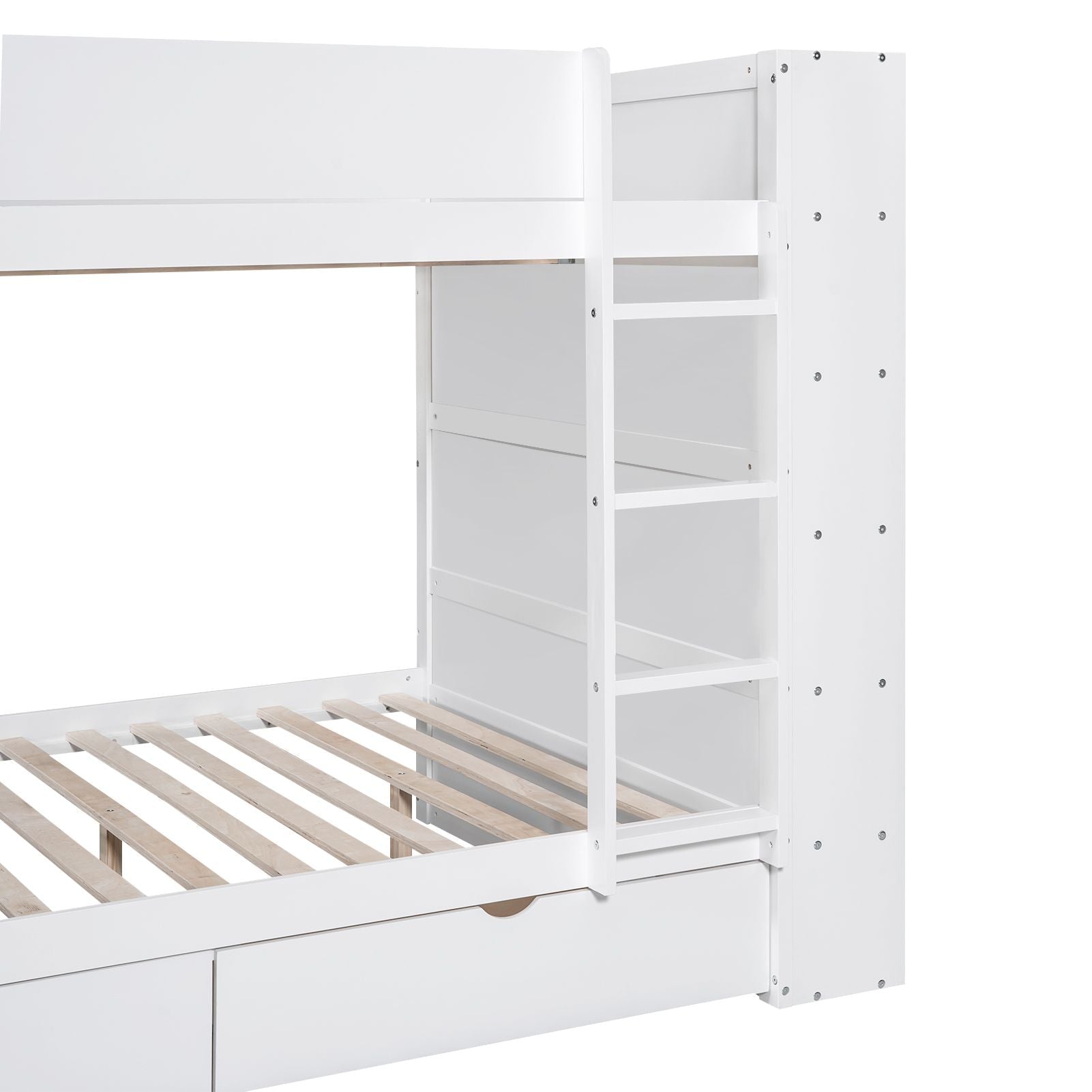 Full Over Full Wood Bunk Bed with Storage Drawers and Multi-Layer Cabinet, White | Just Better Bunk Beds