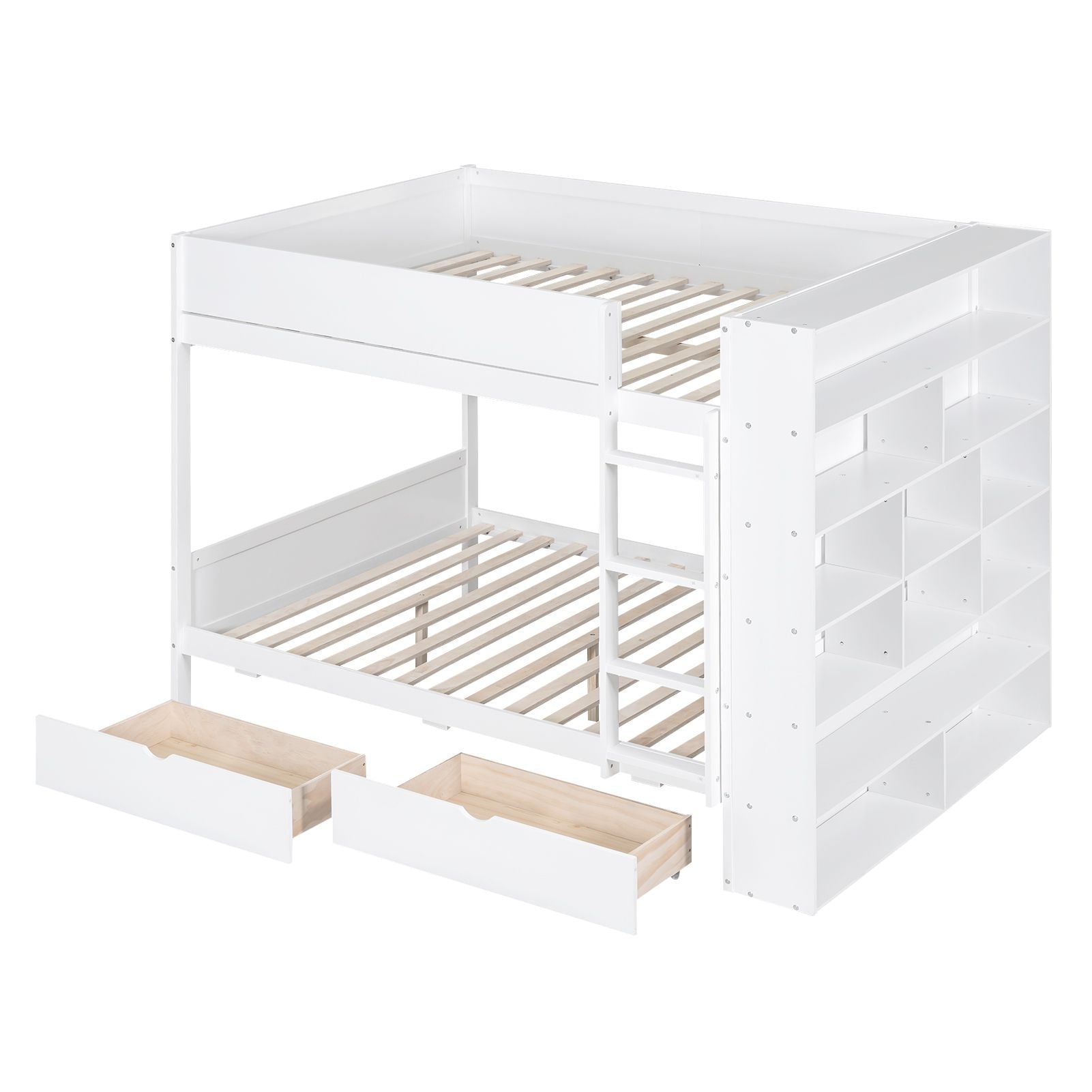 Full Over Full Wood Bunk Bed with Storage Drawers and Multi-Layer Cabinet, White | Just Better Bunk Beds
