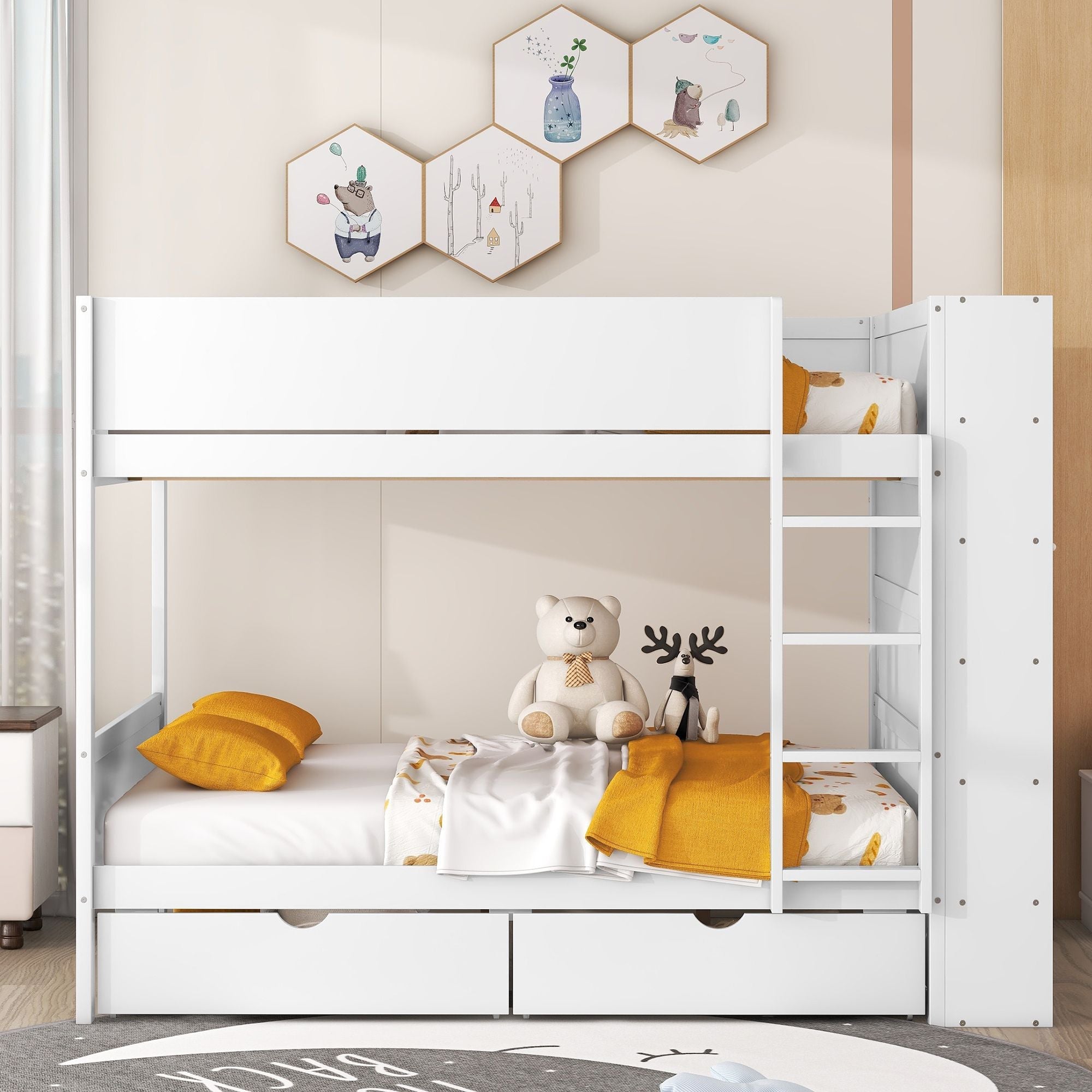 Full Over Full Wood Bunk Bed with Storage Drawers and Multi-Layer Cabinet, White | Just Better Bunk Beds