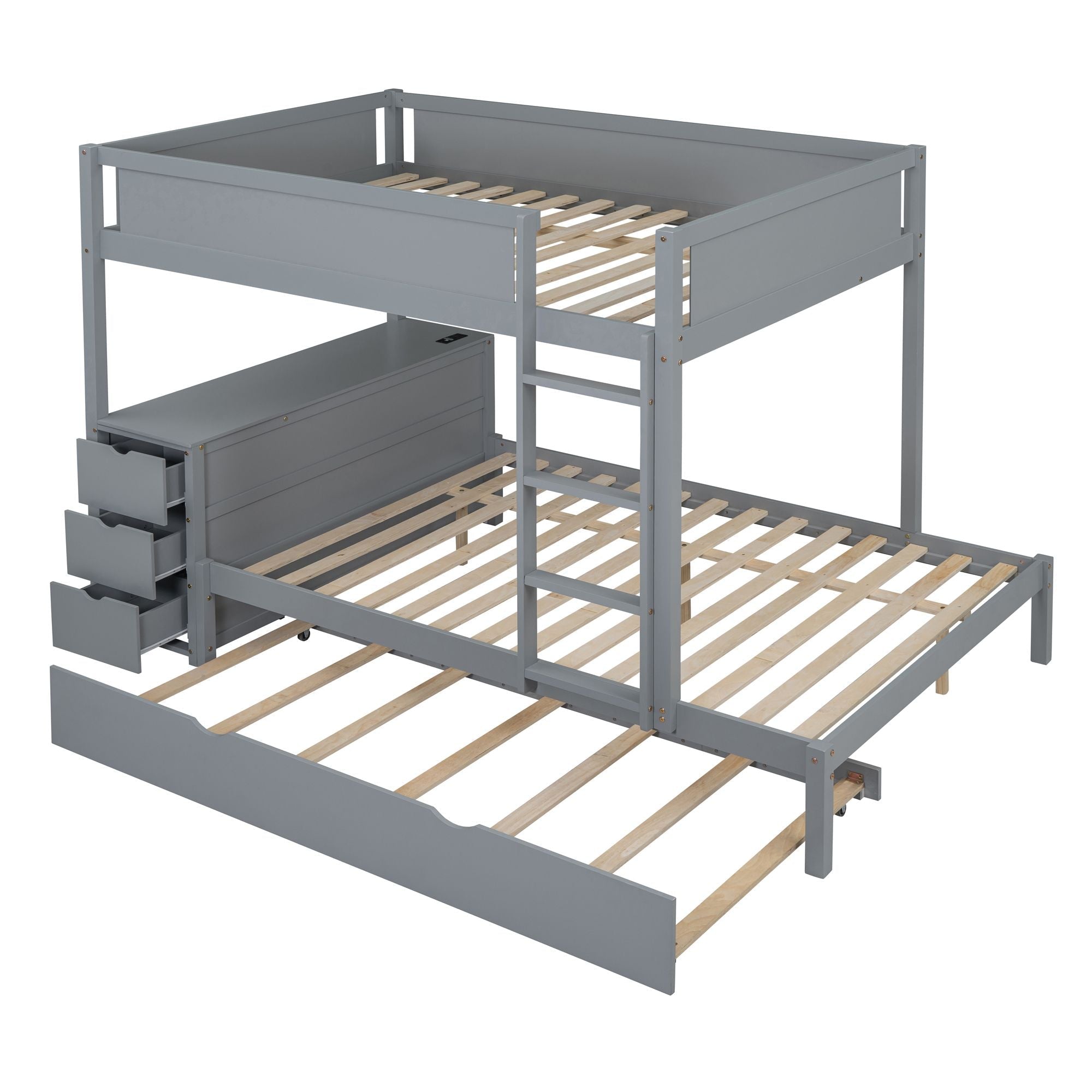 Full Over Full Wood Bunk Bed with Trundle, Storage Drawers, Desk, Gray | Just Better Bunk Beds