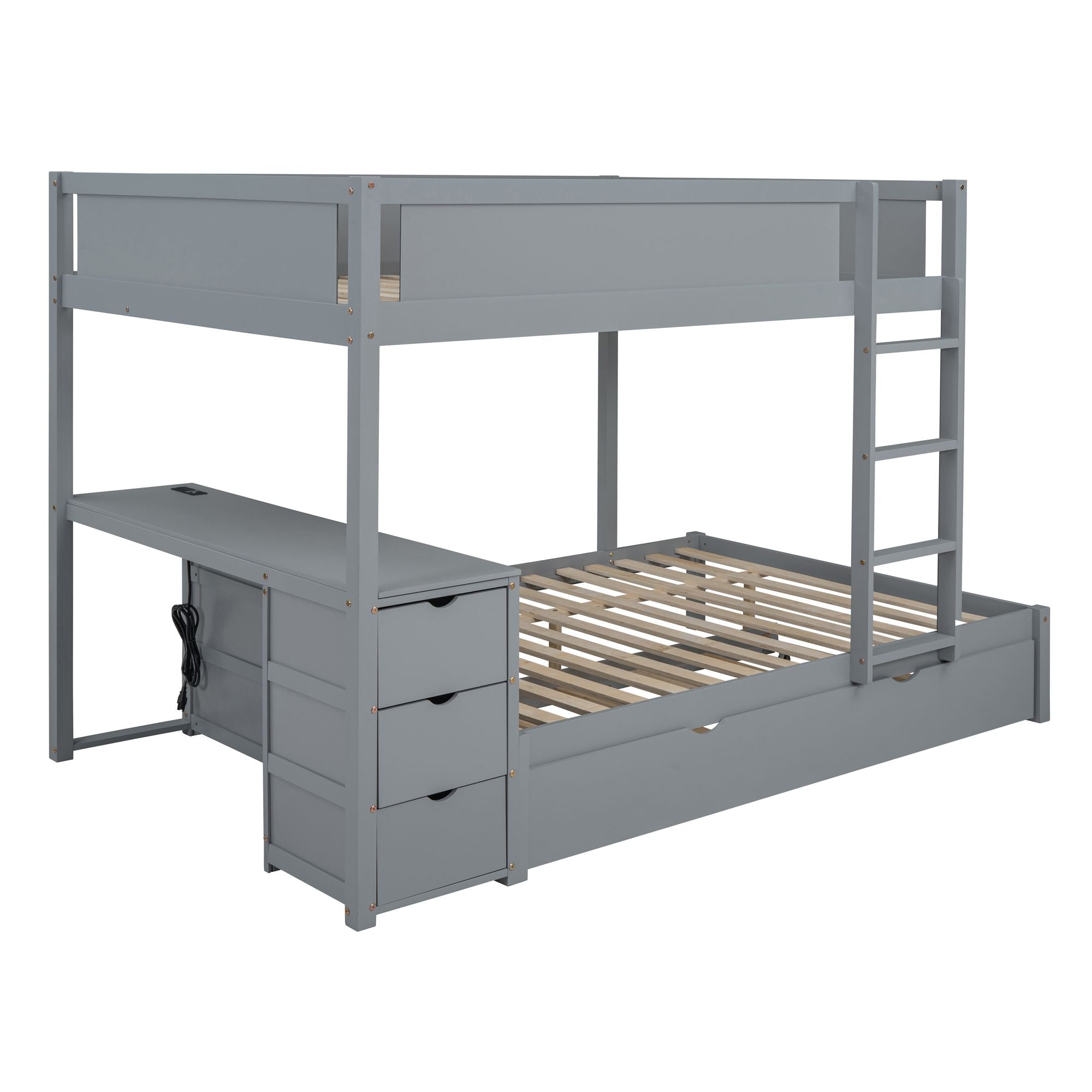 Full Over Full Wood Bunk Bed with Trundle, Storage Drawers, Desk, Gray | Just Better Bunk Beds