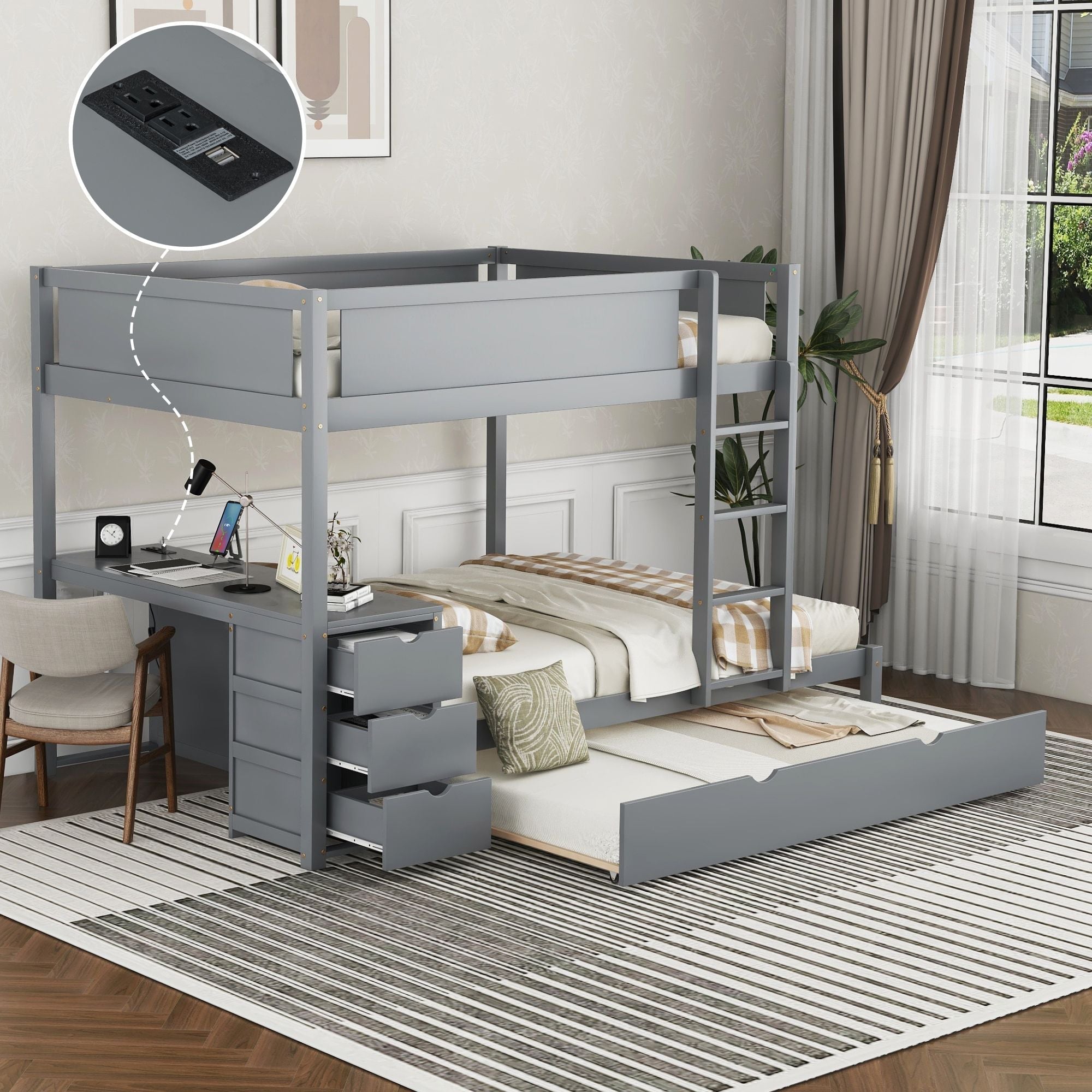 Full Over Full Wood Bunk Bed with Trundle, Storage Drawers, Desk, Gray | Just Better Bunk Beds