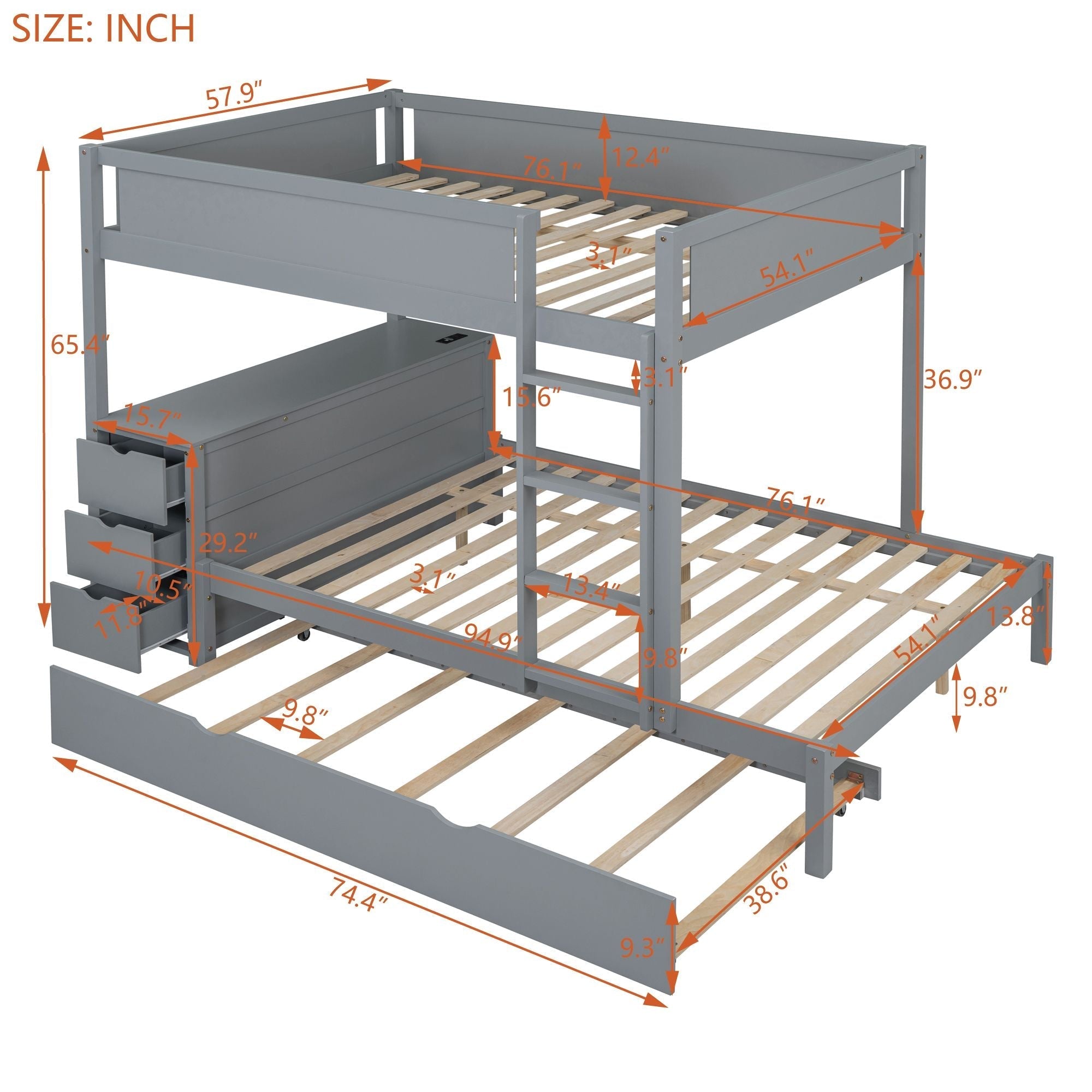 Full Over Full Wood Bunk Bed with Trundle, Storage Drawers, Desk, Gray | Just Better Bunk Beds