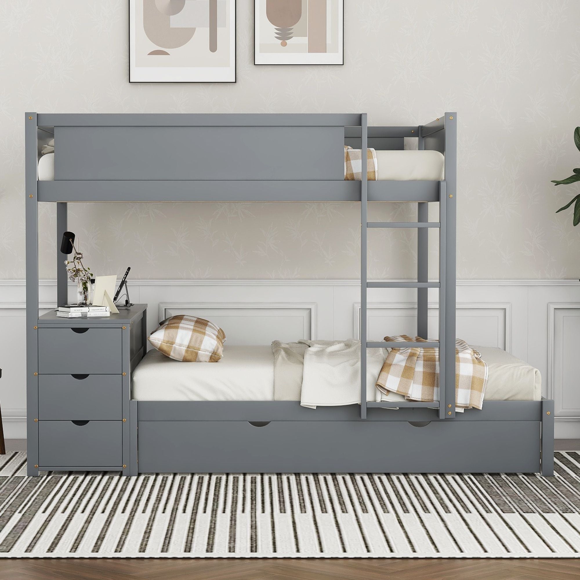 Full Over Full Wood Bunk Bed with Trundle, Storage Drawers, Desk, Gray | Just Better Bunk Beds