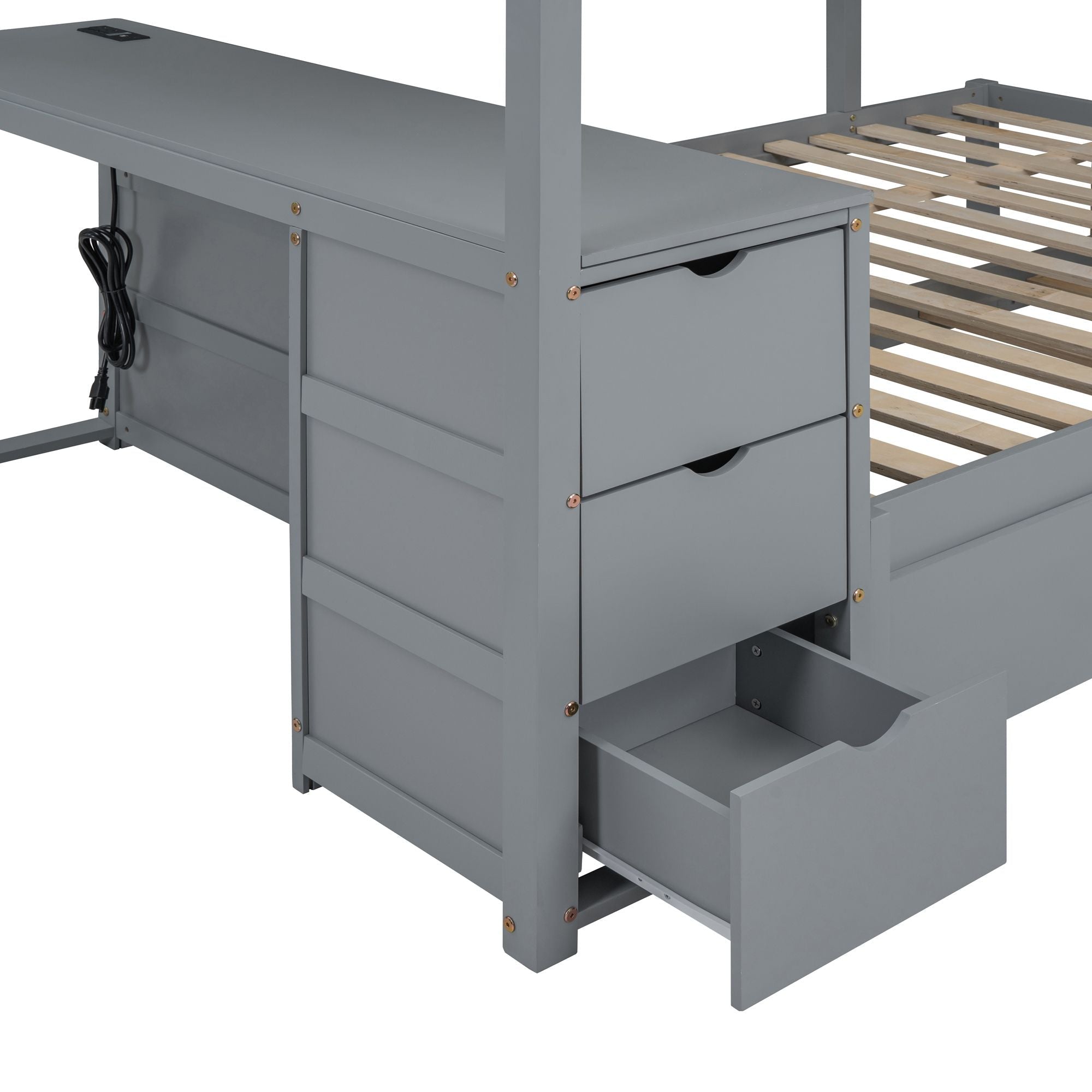 Full Over Full Wood Bunk Bed with Trundle, Storage Drawers, Desk, Gray | Just Better Bunk Beds