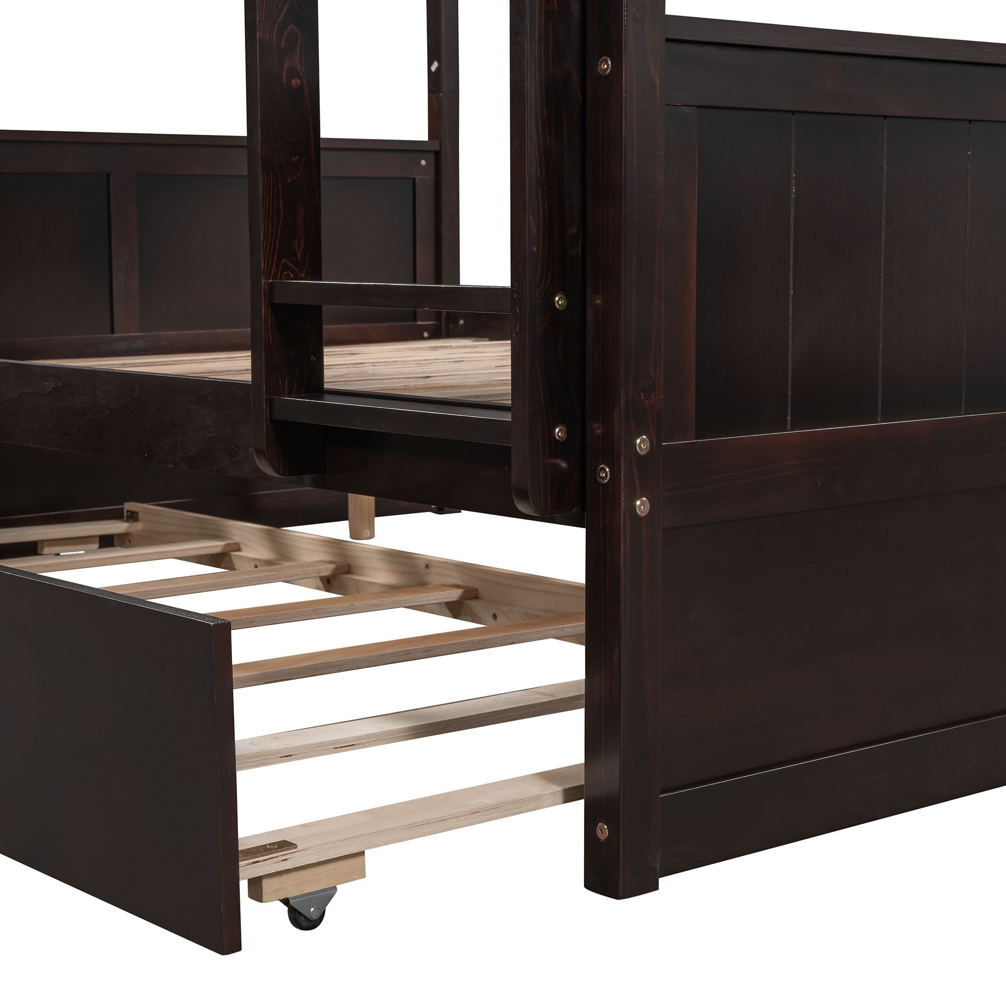 Full Over Full Wood Bunk Bed with Twin Trundle, Espresso Finish, Durable Pinewood | Just Better Bunk Beds