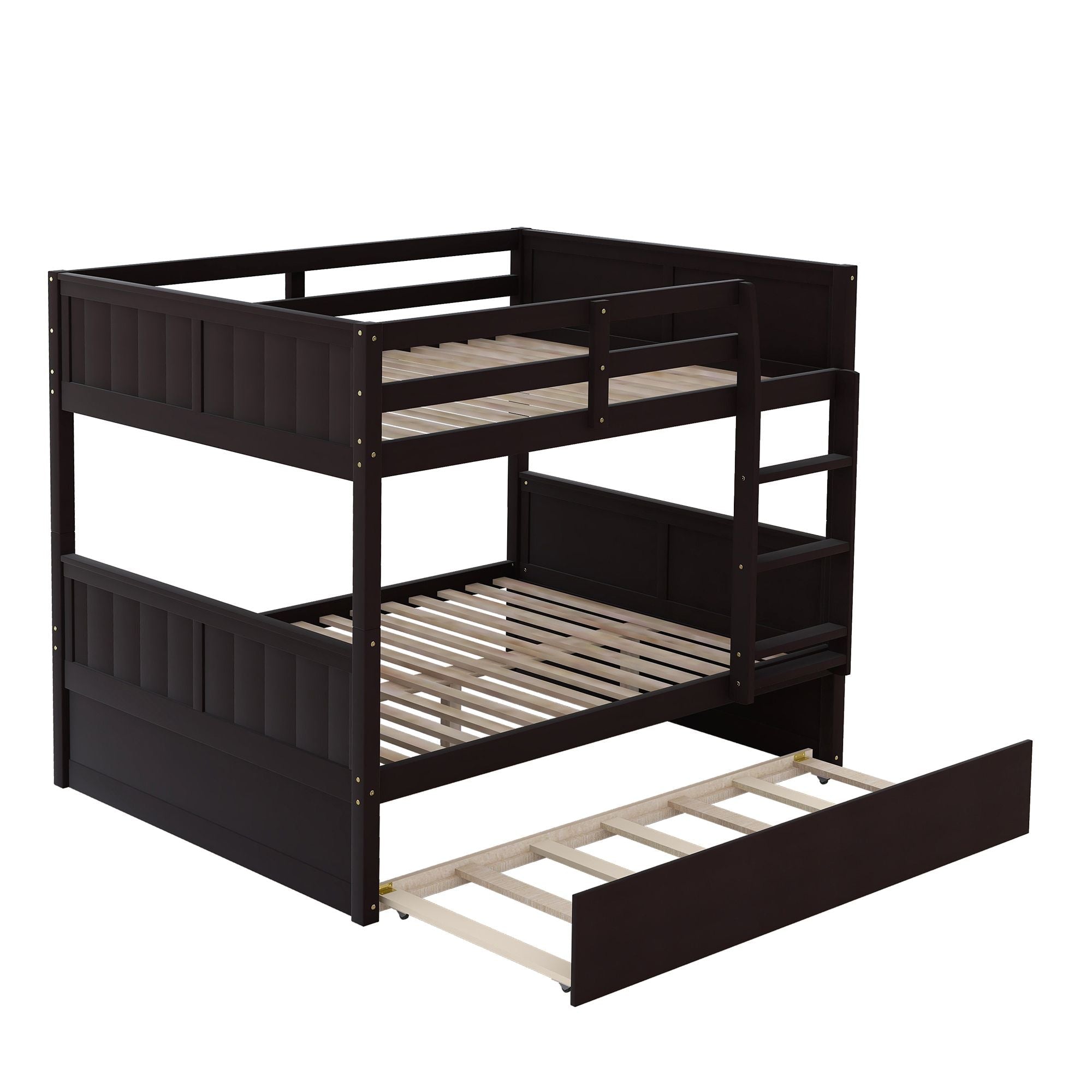 Full Over Full Wood Bunk Bed with Twin Trundle, Espresso Finish, Durable Pinewood | Just Better Bunk Beds