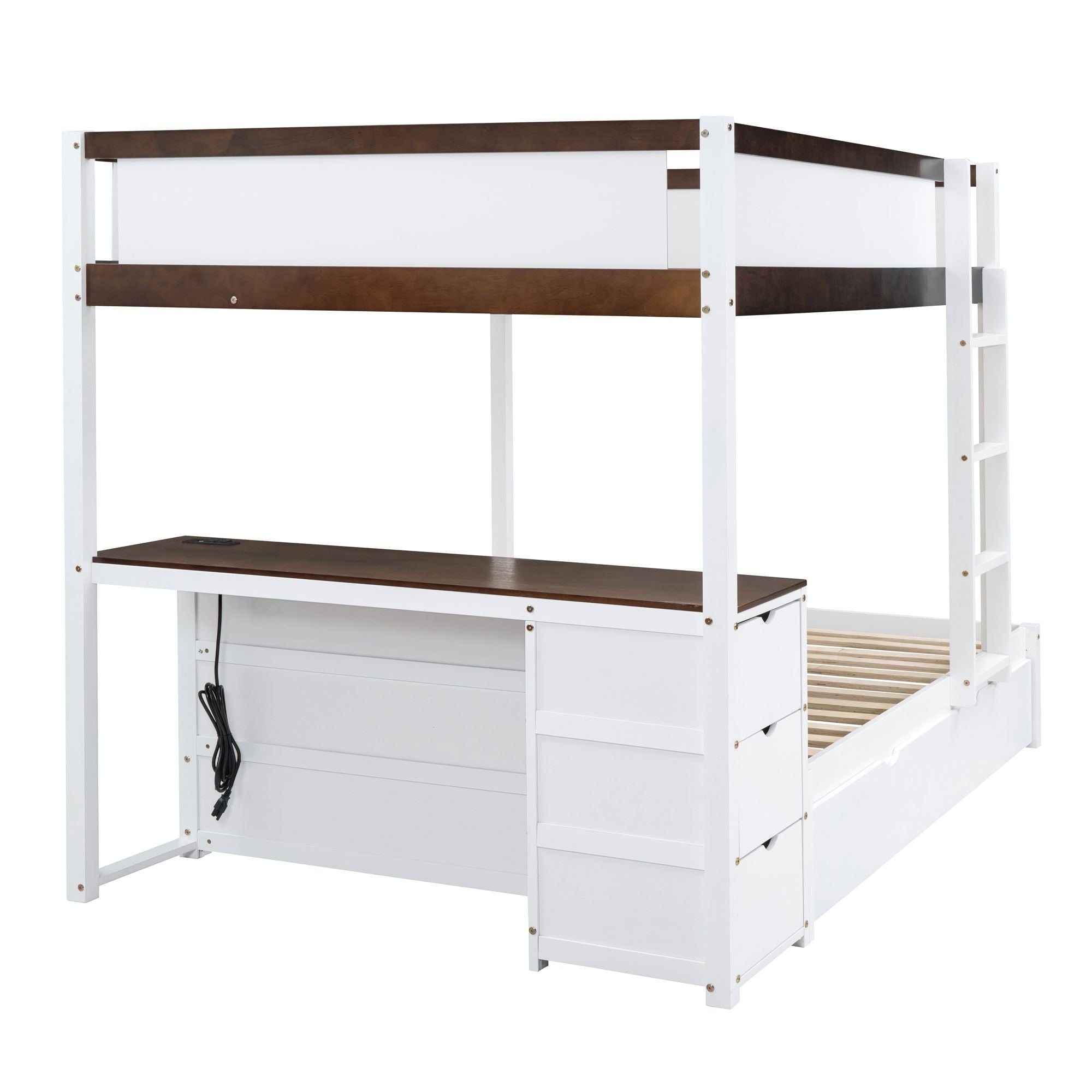 Full Over Full Wood Bunk Bed with Twin Trundle, Storage, Desk in White Walnut | Just Better Bunk Beds