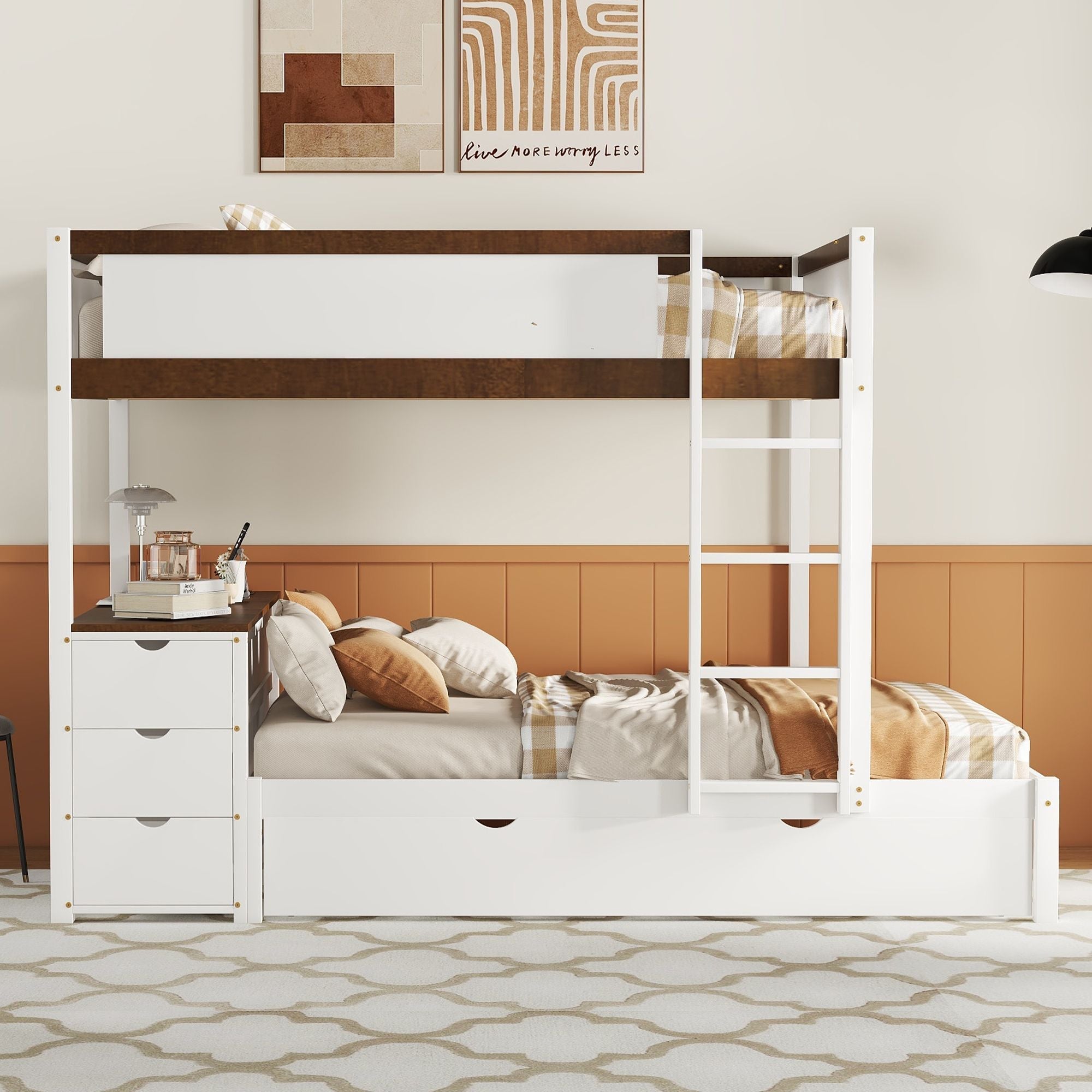 Full Over Full Wood Bunk Bed with Twin Trundle, Storage, Desk in White Walnut | Just Better Bunk Beds