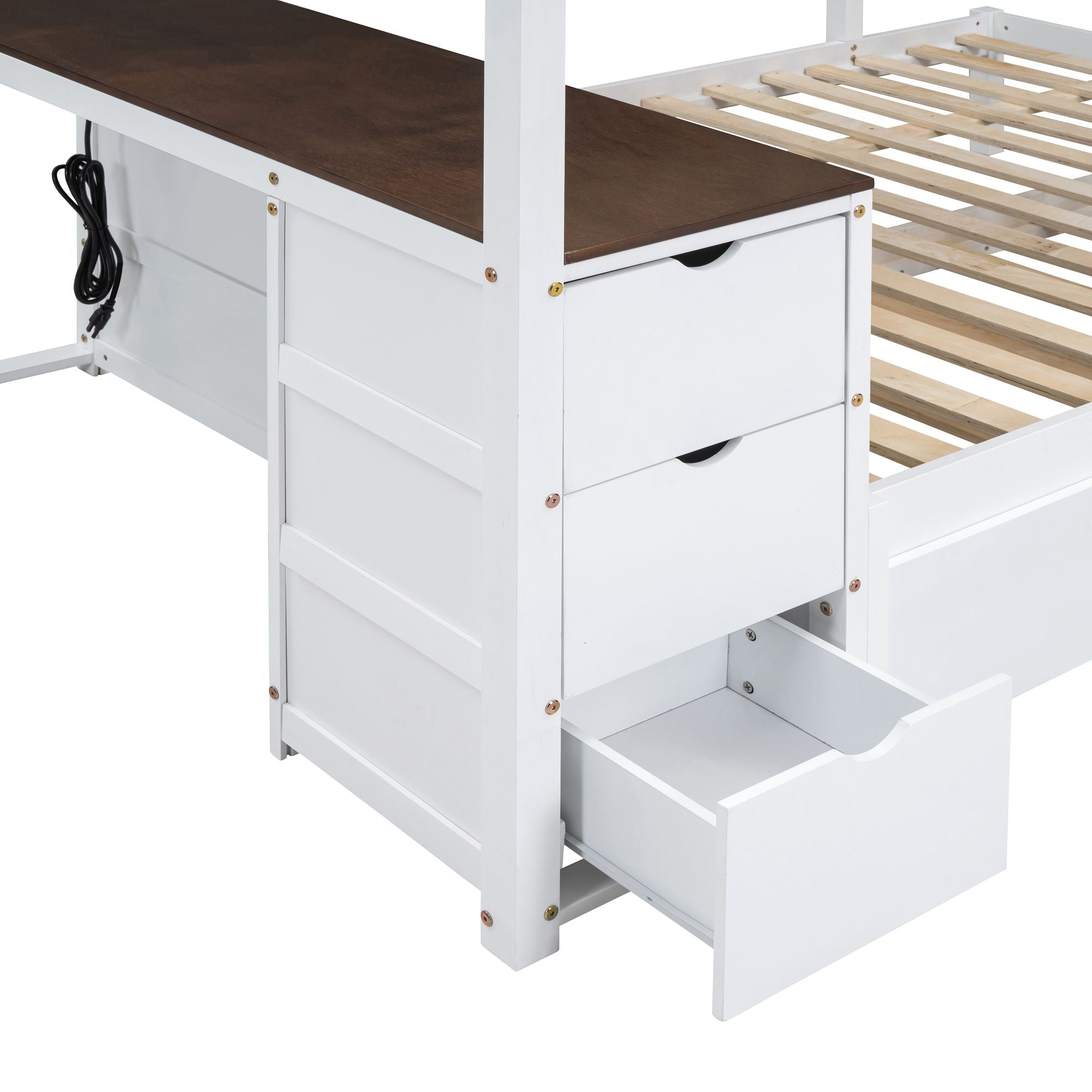 Full Over Full Wood Bunk Bed with Twin Trundle, Storage, Desk in White Walnut | Just Better Bunk Beds