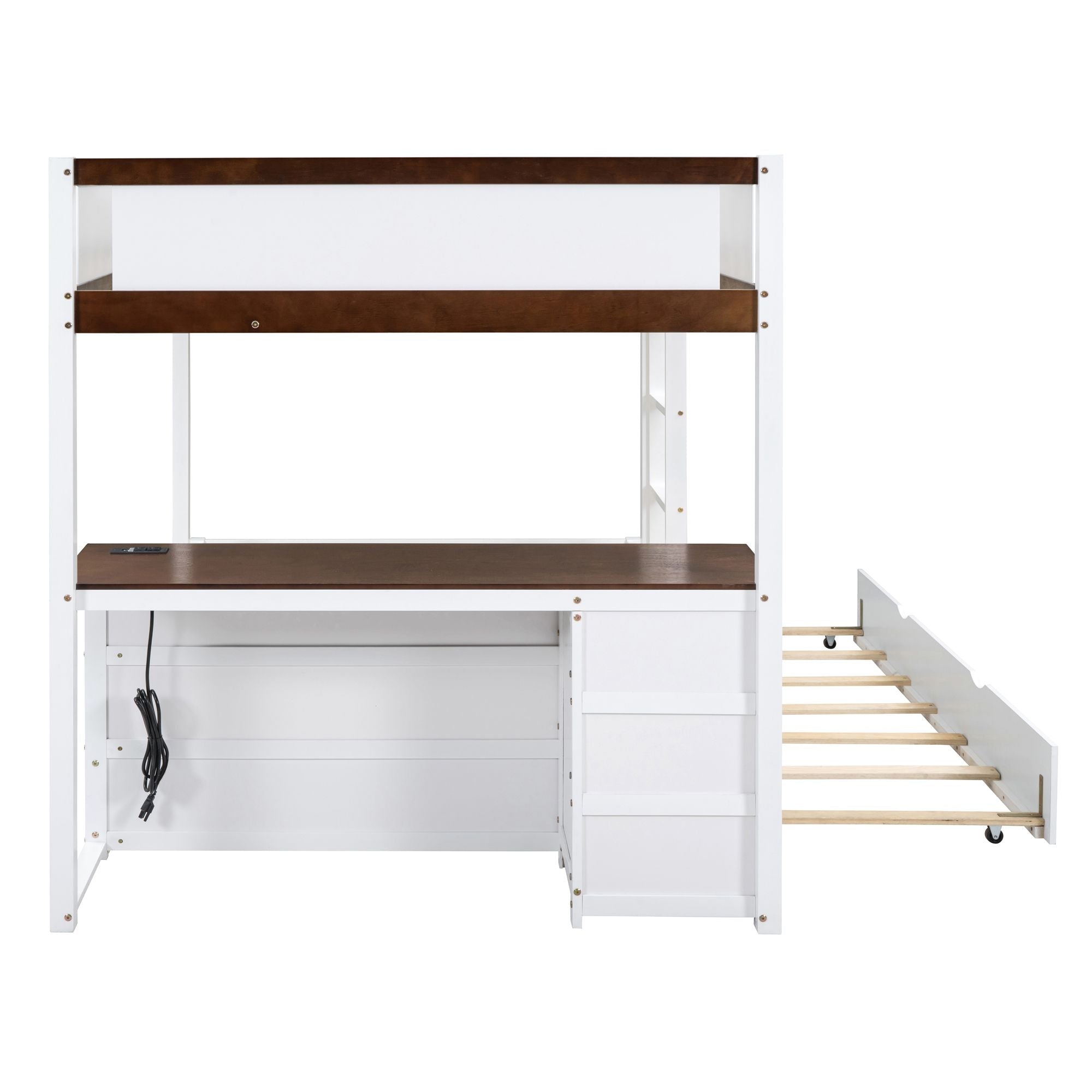 Full Over Full Wood Bunk Bed with Twin Trundle, Storage, Desk in White Walnut | Just Better Bunk Beds