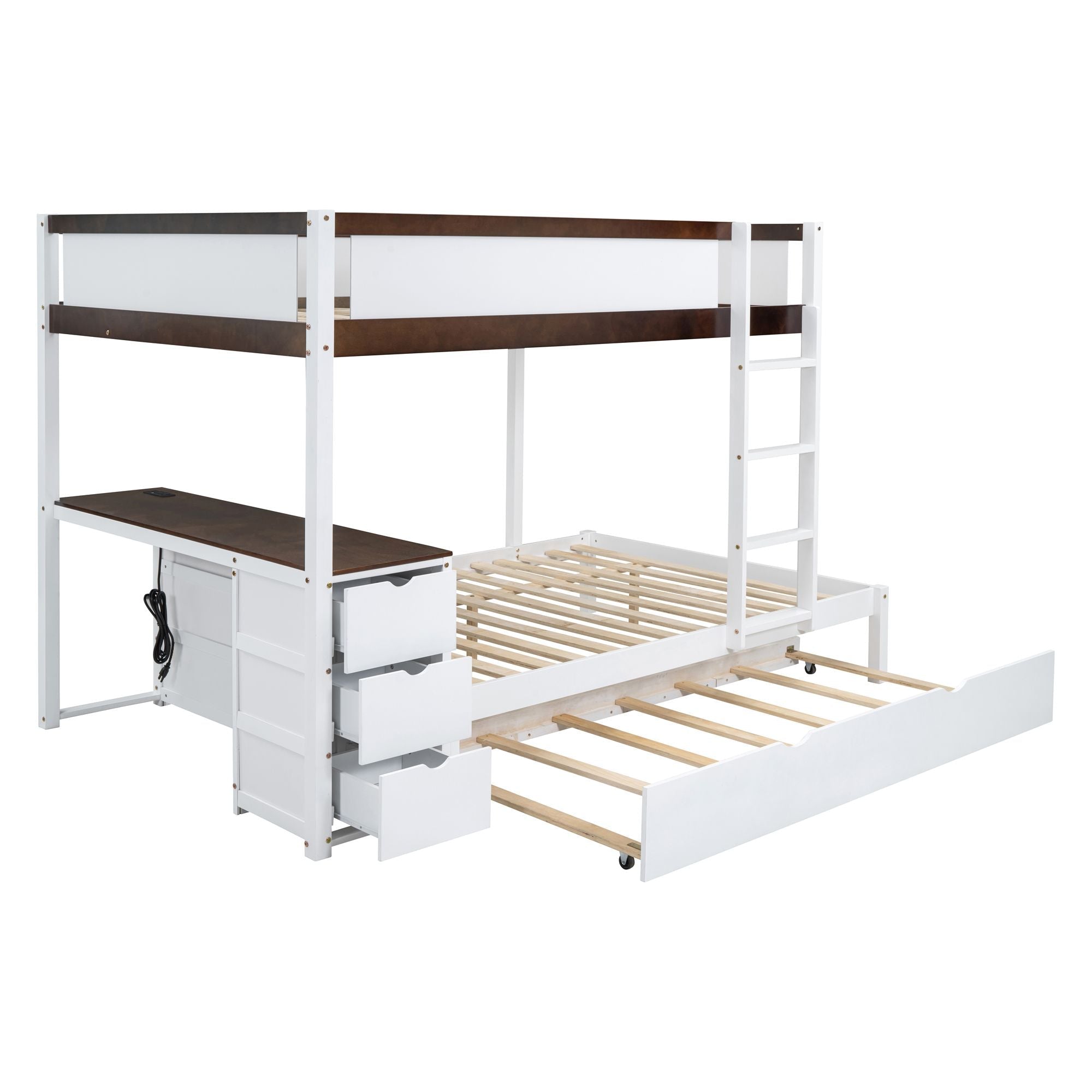 Full Over Full Wood Bunk Bed with Twin Trundle, Storage, Desk in White Walnut | Just Better Bunk Beds