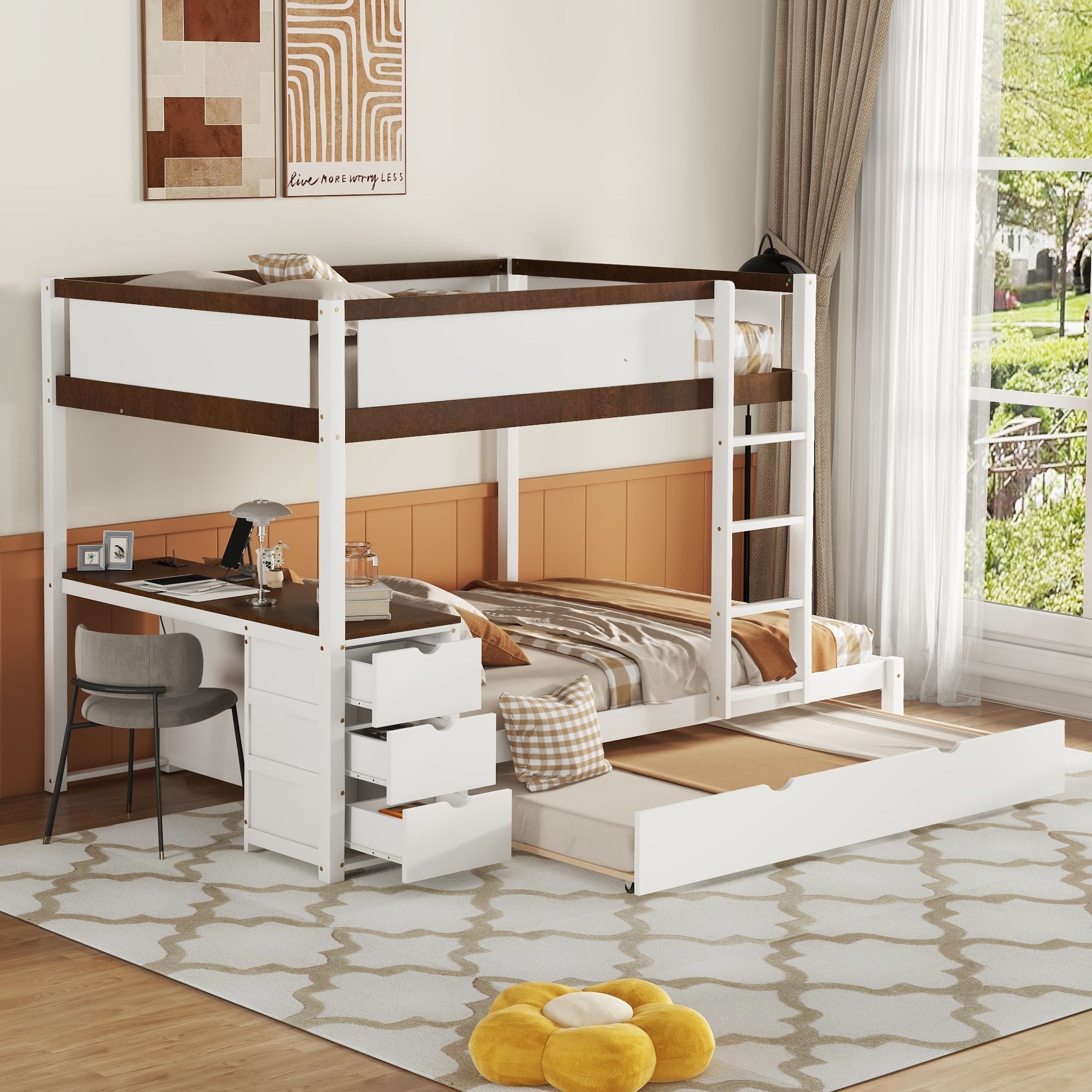 Full Over Full Wood Bunk Bed with Twin Trundle, Storage, Desk in White Walnut | Just Better Bunk Beds