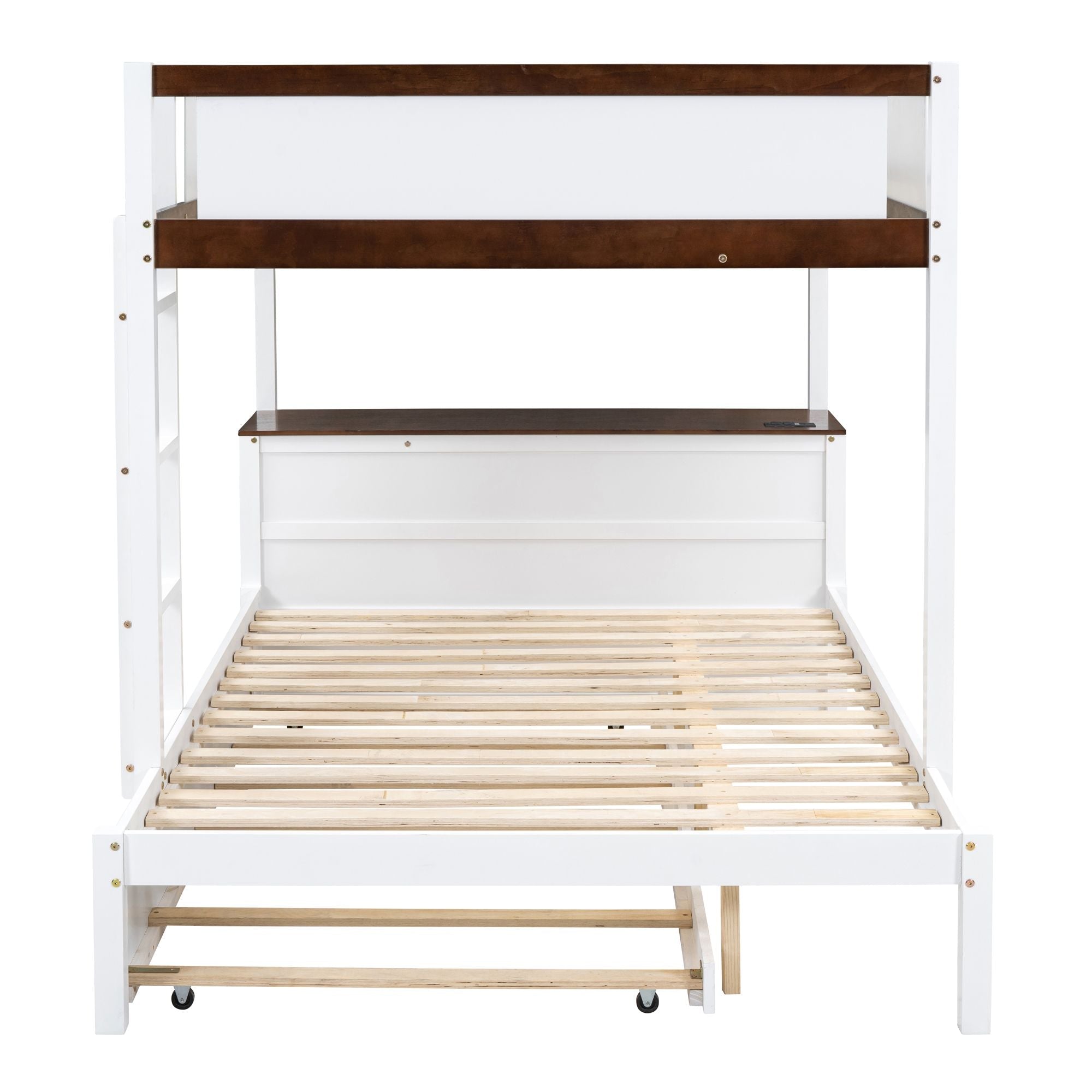 Full Over Full Wood Bunk Bed with Twin Trundle, Storage, Desk in White Walnut | Just Better Bunk Beds
