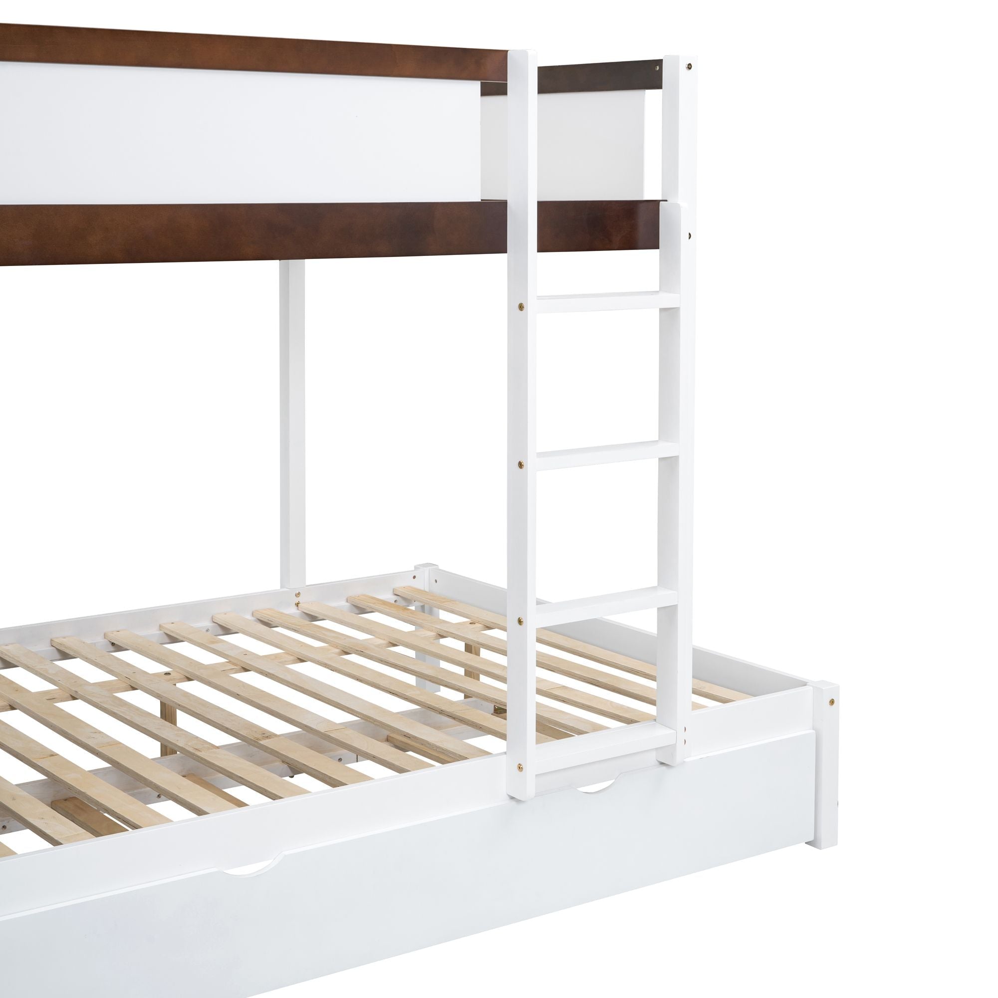 Full Over Full Wood Bunk Bed with Twin Trundle, Storage, Desk in White Walnut | Just Better Bunk Beds