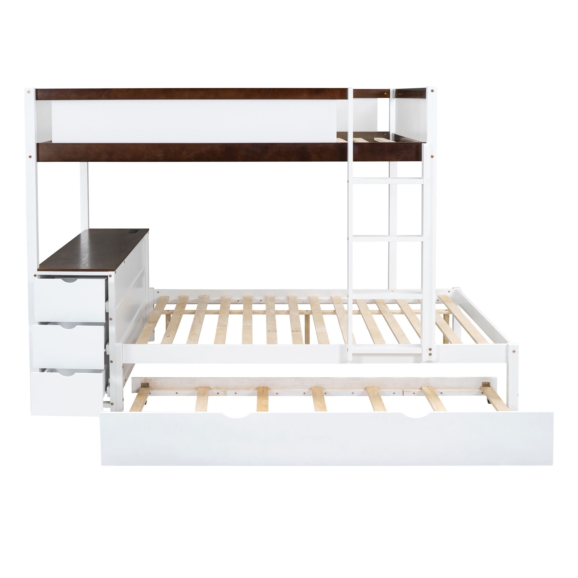 Full Over Full Wood Bunk Bed with Twin Trundle, Storage, Desk in White Walnut | Just Better Bunk Beds