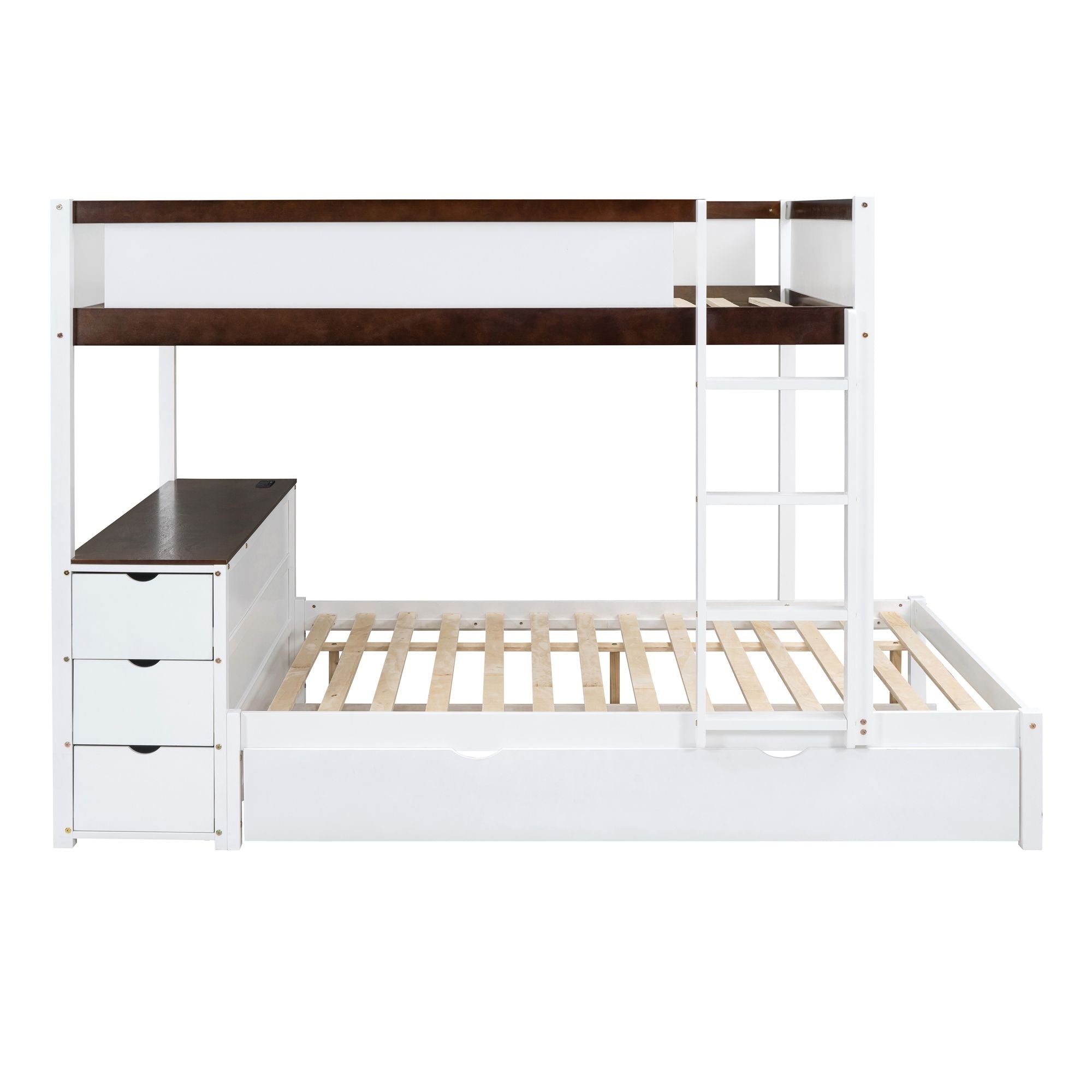 Full Over Full Wood Bunk Bed with Twin Trundle, Storage, Desk in White Walnut | Just Better Bunk Beds