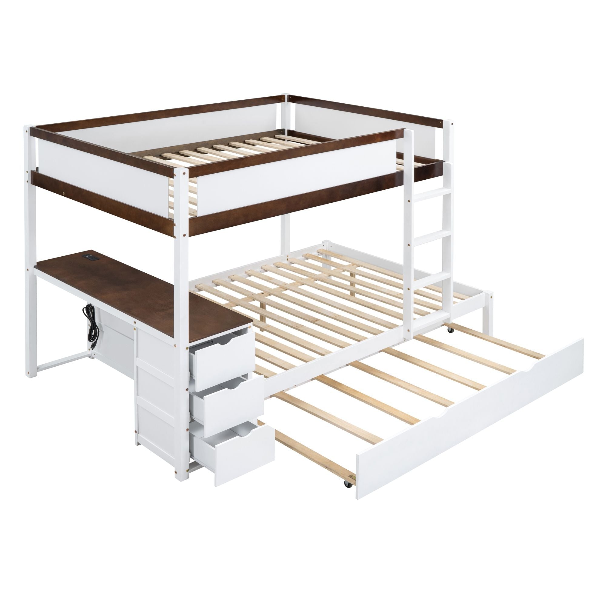 Full Over Full Wood Bunk Bed with Twin Trundle, Storage, Desk in White Walnut | Just Better Bunk Beds