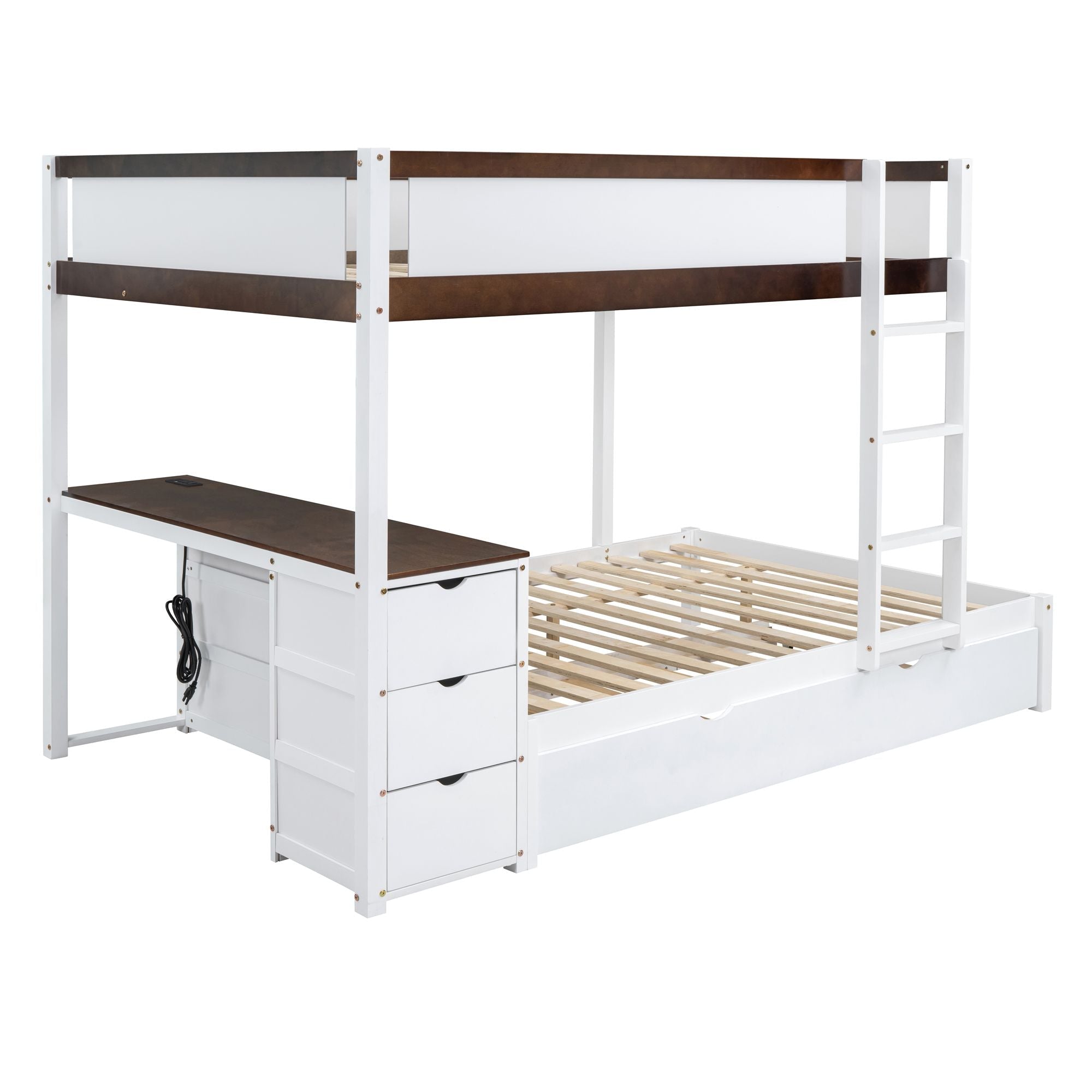 Full Over Full Wood Bunk Bed with Twin Trundle, Storage, Desk in White Walnut | Just Better Bunk Beds