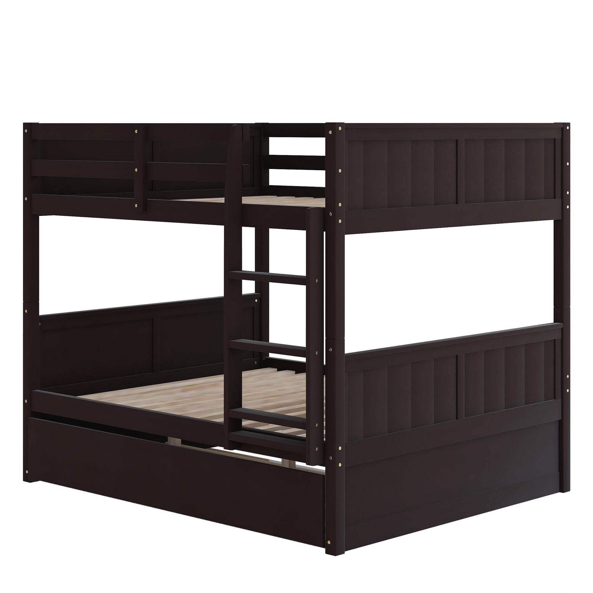 Full Over Full Wood Bunk Bed with Twin Trundle Storage, Espresso Finish | Just Better Bunk Beds