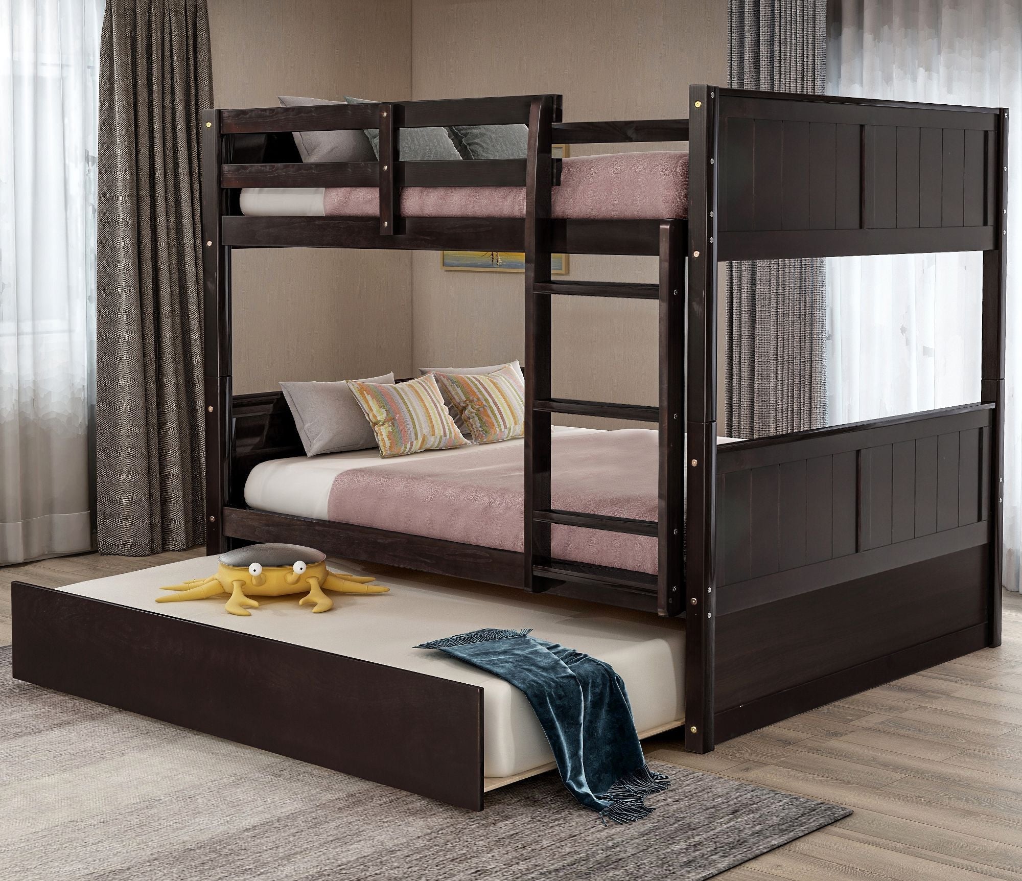 Full Over Full Wood Bunk Bed with Twin Trundle Storage, Espresso Finish | Just Better Bunk Beds