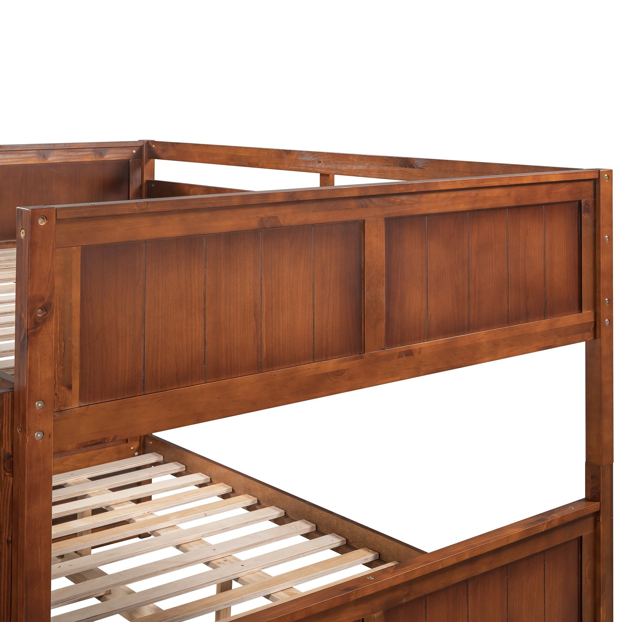 Full Over Full Wood Bunk Bed with Twin Trundle Walnut Storage Space-Saving Design | Just Better Bunk Beds