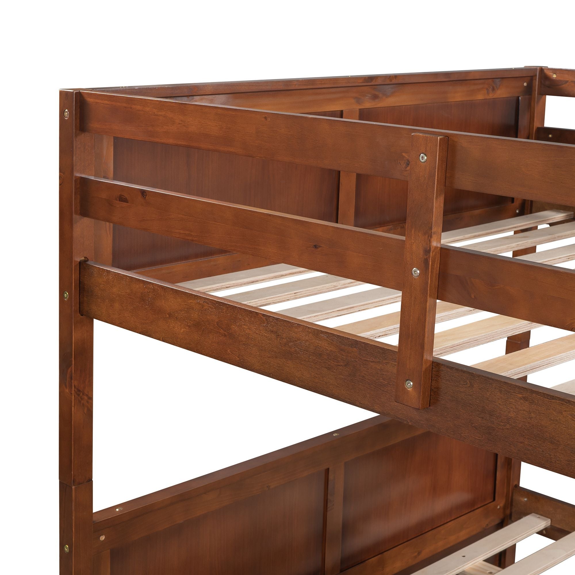 Full Over Full Wood Bunk Bed with Twin Trundle Walnut Storage Space-Saving Design | Just Better Bunk Beds