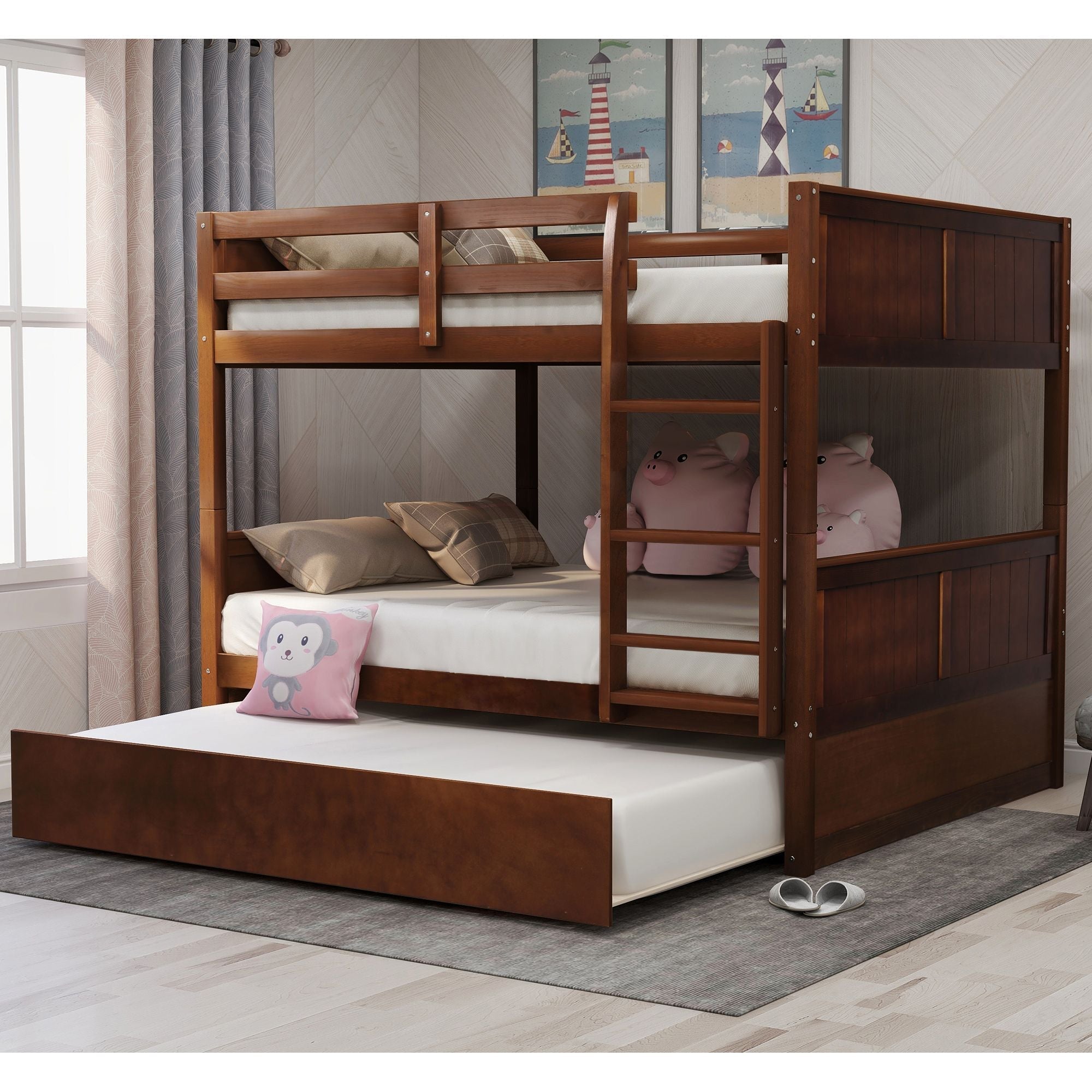 Full Over Full Wood Bunk Bed with Twin Trundle Walnut Storage Space-Saving Design | Just Better Bunk Beds