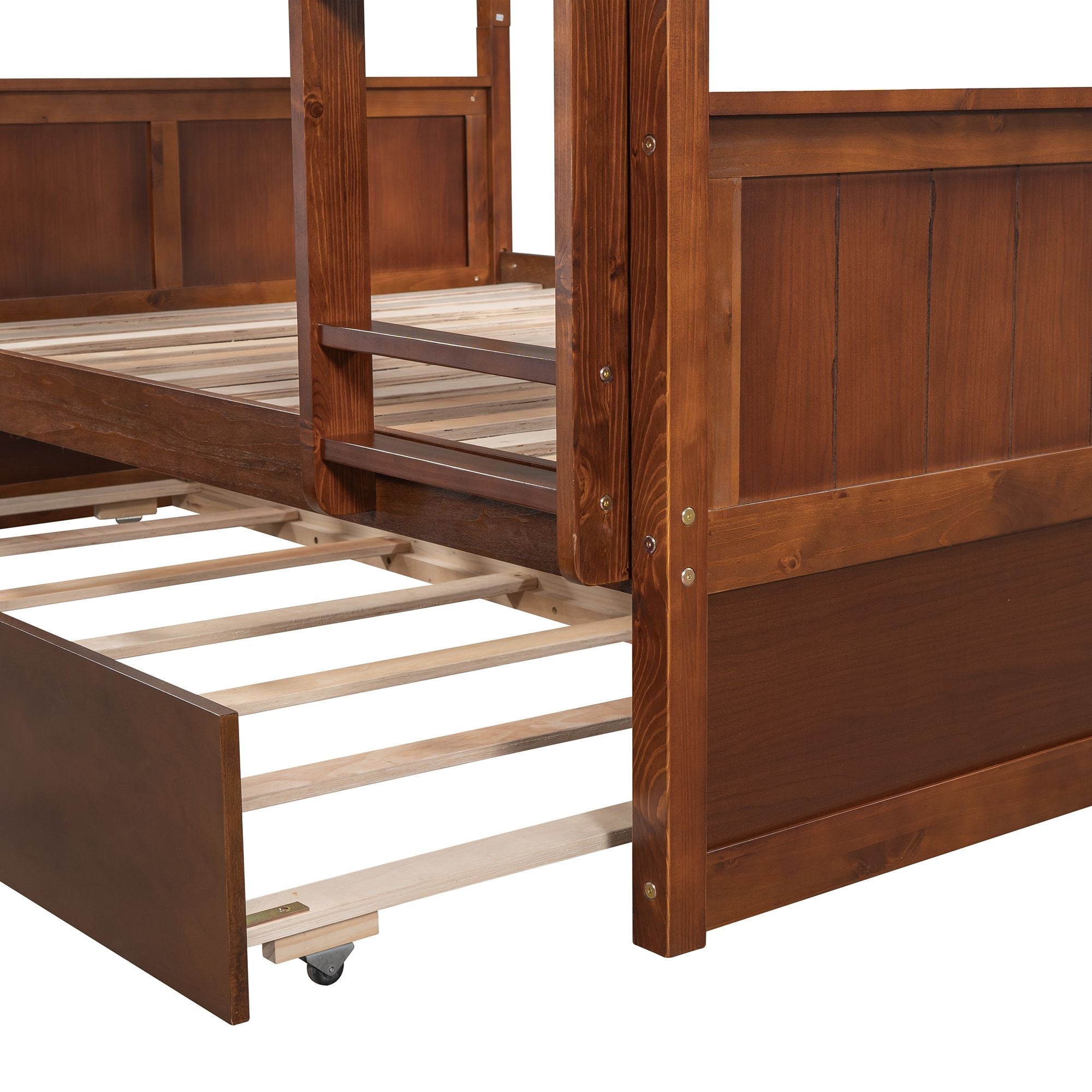 Full Over Full Wood Bunk Bed with Twin Trundle Walnut Storage Space-Saving Design | Just Better Bunk Beds