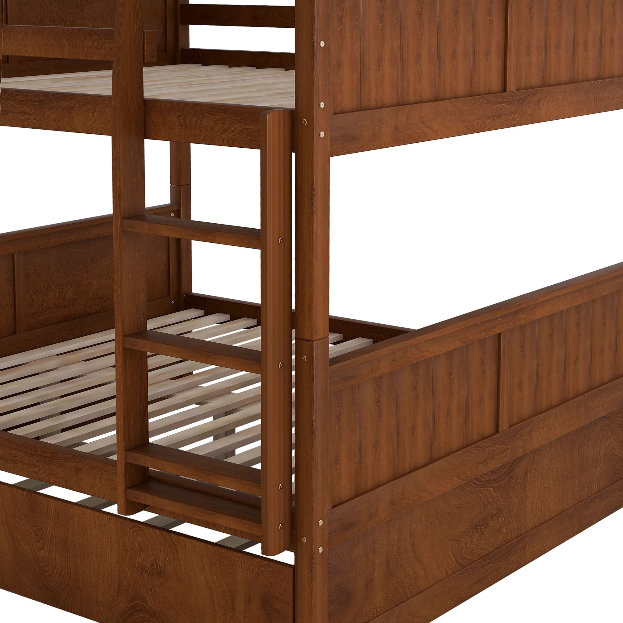 Full Over Full Wood Bunk Bed with Twin Trundle Walnut Storage Space-Saving Design | Just Better Bunk Beds