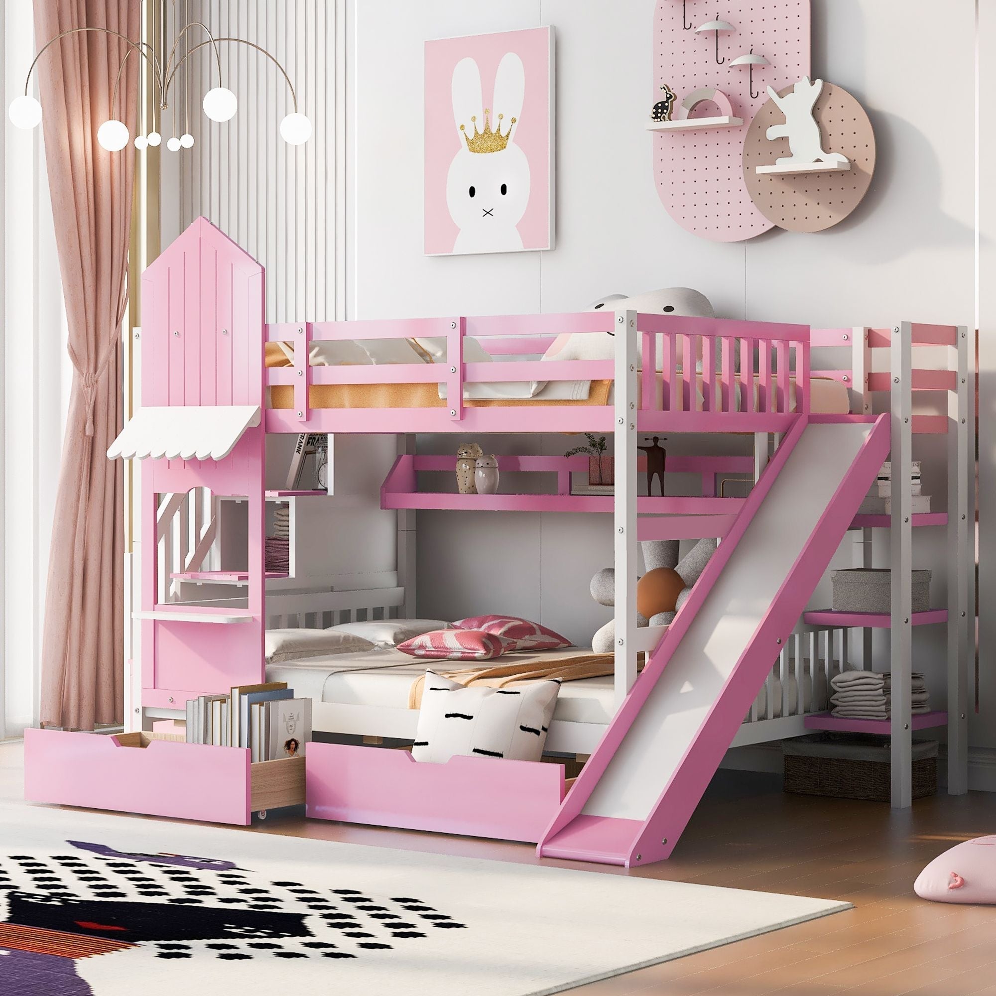 Full Over Full Wood Castle Bunk Bed with Slide, Drawers, and Shelves in Pink | Just Better Bunk Beds