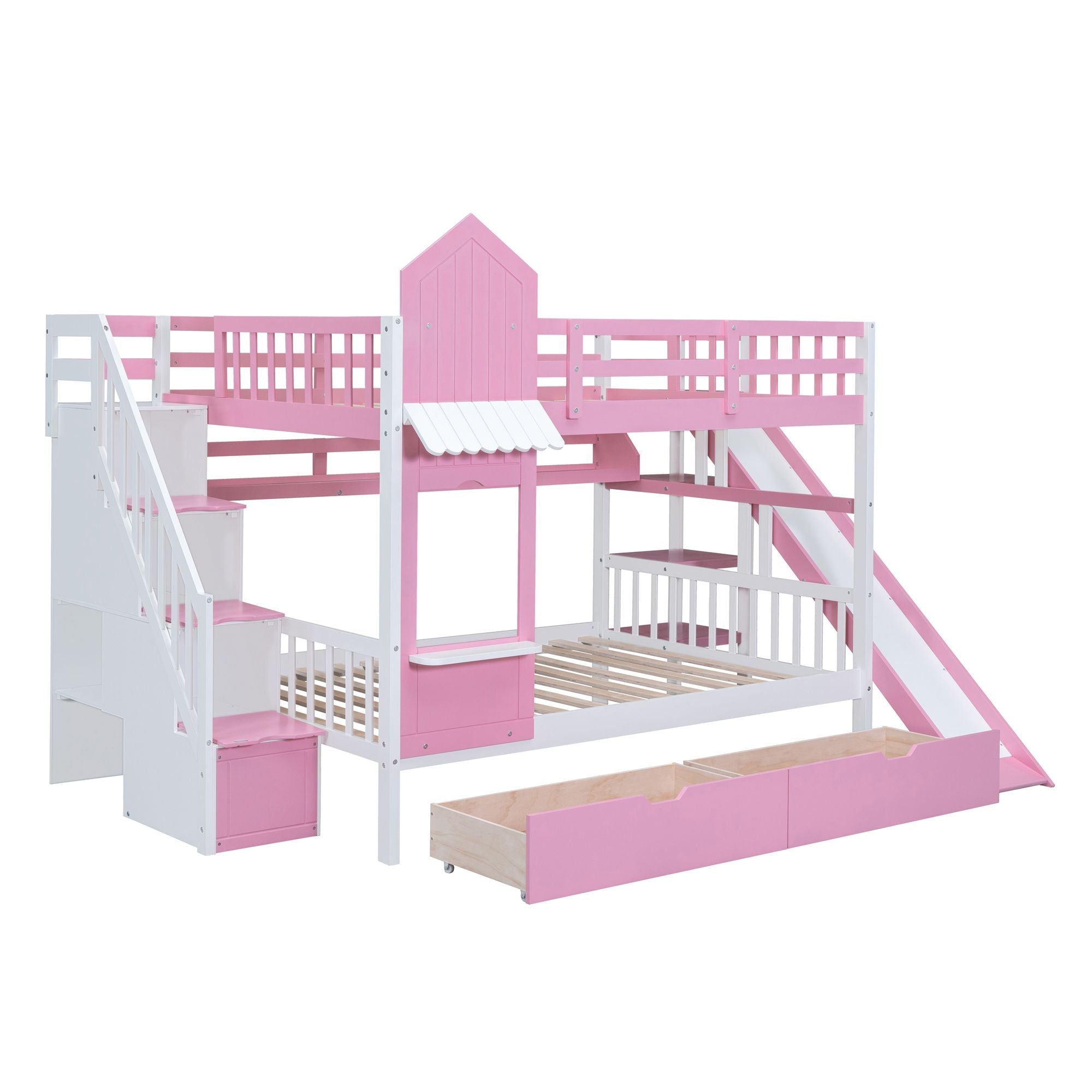 Full Over Full Wood Castle Bunk Bed with Slide, Drawers, and Shelves in Pink | Just Better Bunk Beds