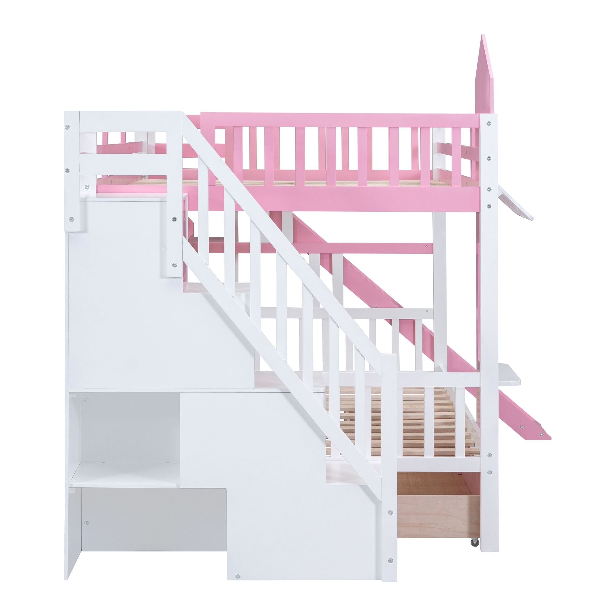 Full Over Full Wood Castle Bunk Bed with Slide, Drawers, and Shelves in Pink | Just Better Bunk Beds