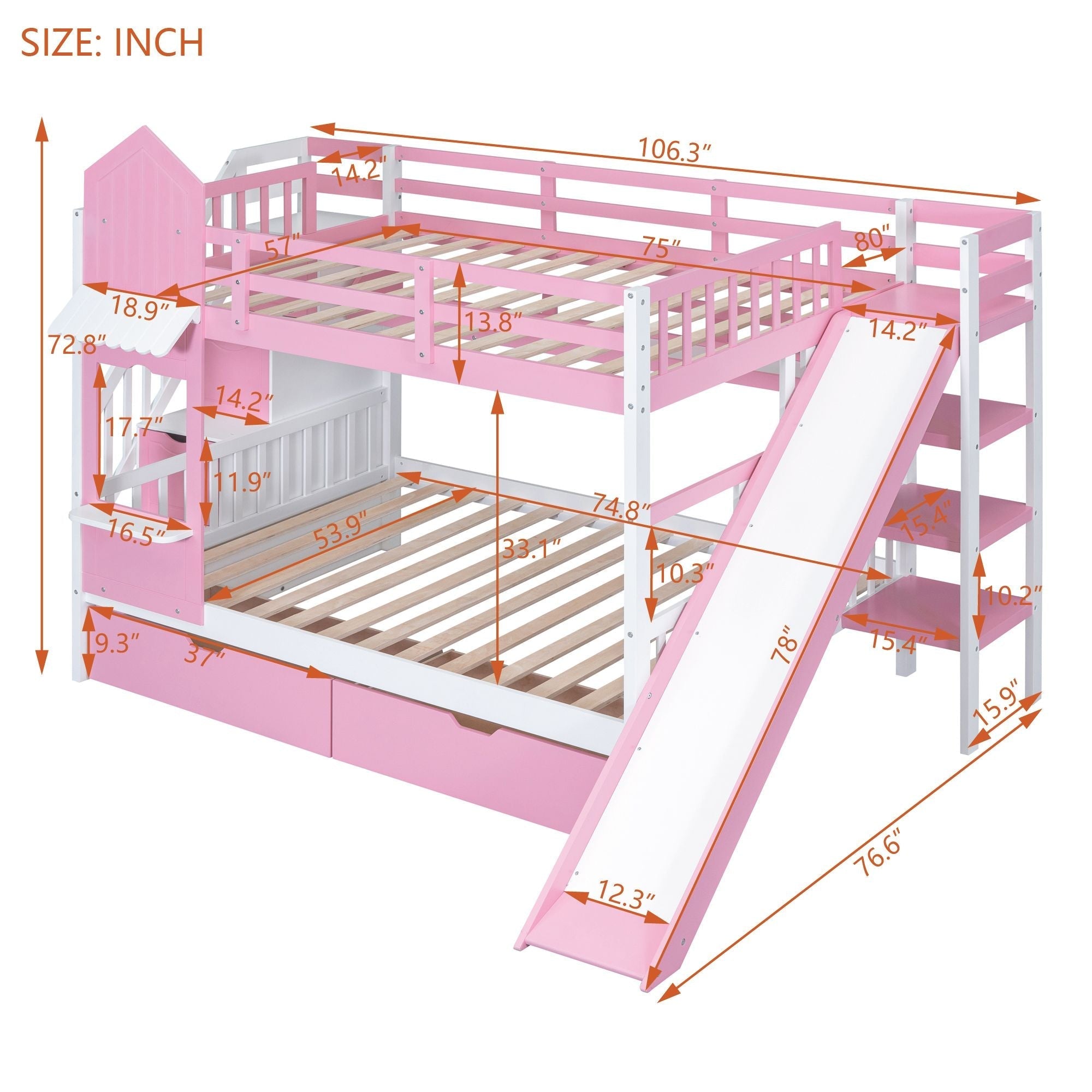 Full Over Full Wood Castle Bunk Bed with Slide, Drawers, and Shelves in Pink | Just Better Bunk Beds