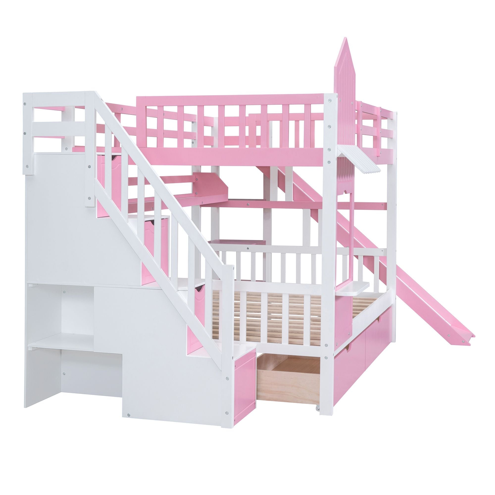 Full Over Full Wood Castle Bunk Bed with Slide, Drawers, and Shelves in Pink | Just Better Bunk Beds