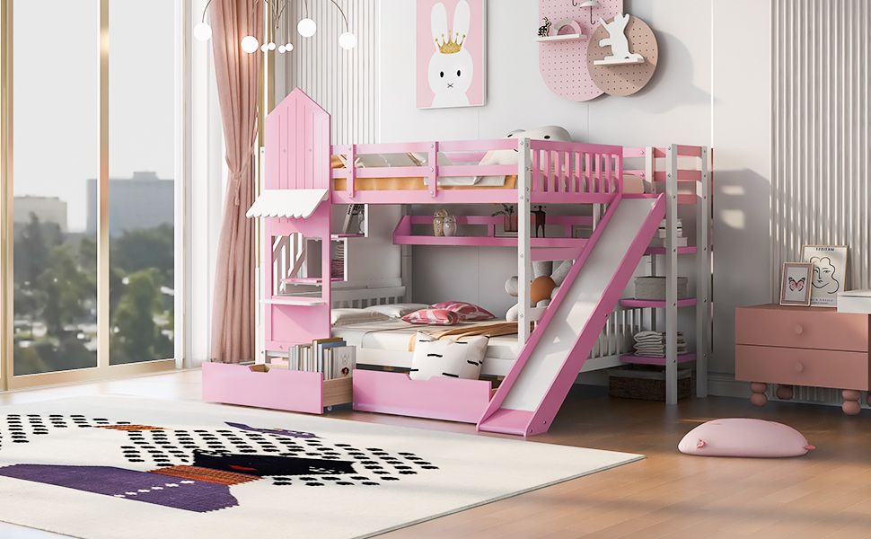 Full Over Full Wood Castle Bunk Bed with Slide, Drawers, and Shelves in Pink | Just Better Bunk Beds