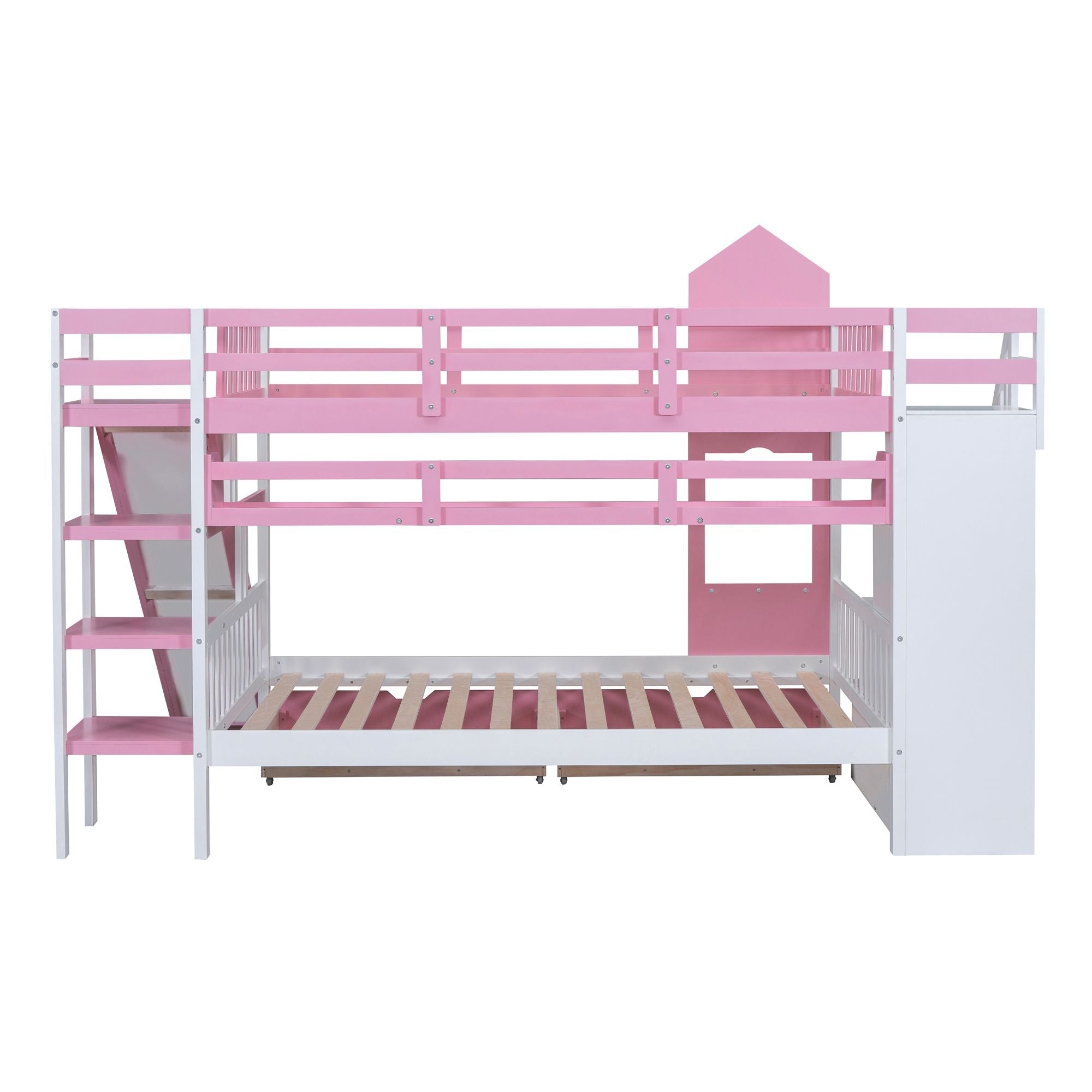 Full Over Full Wood Castle Bunk Bed with Slide, Drawers, and Shelves in Pink | Just Better Bunk Beds