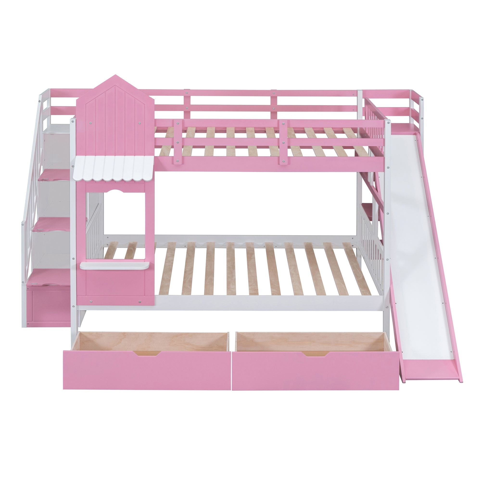 Full Over Full Wood Castle Bunk Bed with Slide, Drawers, and Shelves in Pink | Just Better Bunk Beds