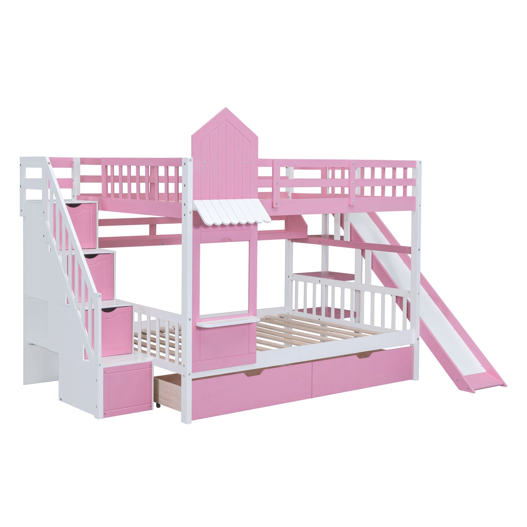 Full Over Full Wood Castle Bunk Bed with Slide, Drawers, and Shelves in Pink | Just Better Bunk Beds