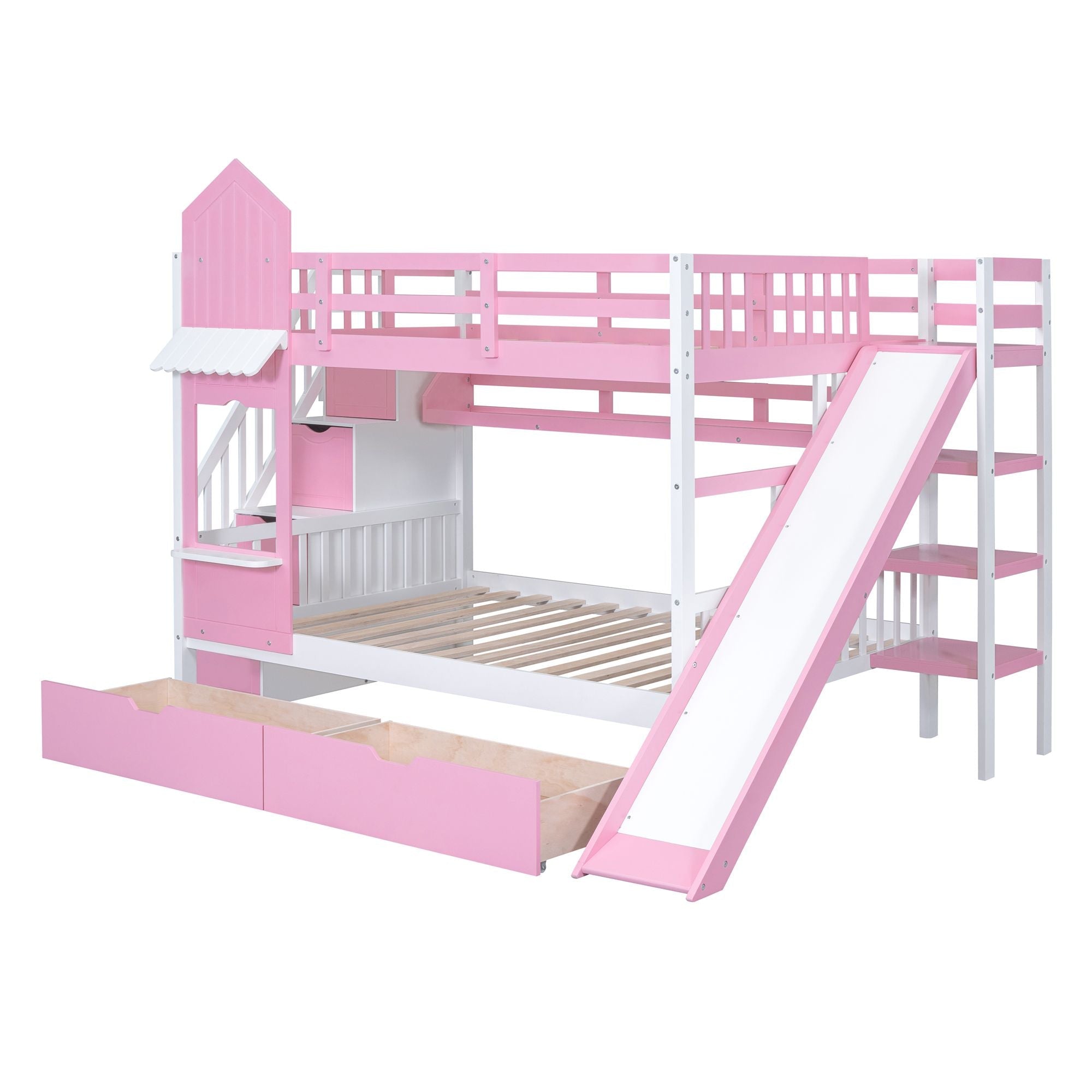 Full Over Full Wood Castle Bunk Bed with Slide, Drawers, and Shelves in Pink | Just Better Bunk Beds