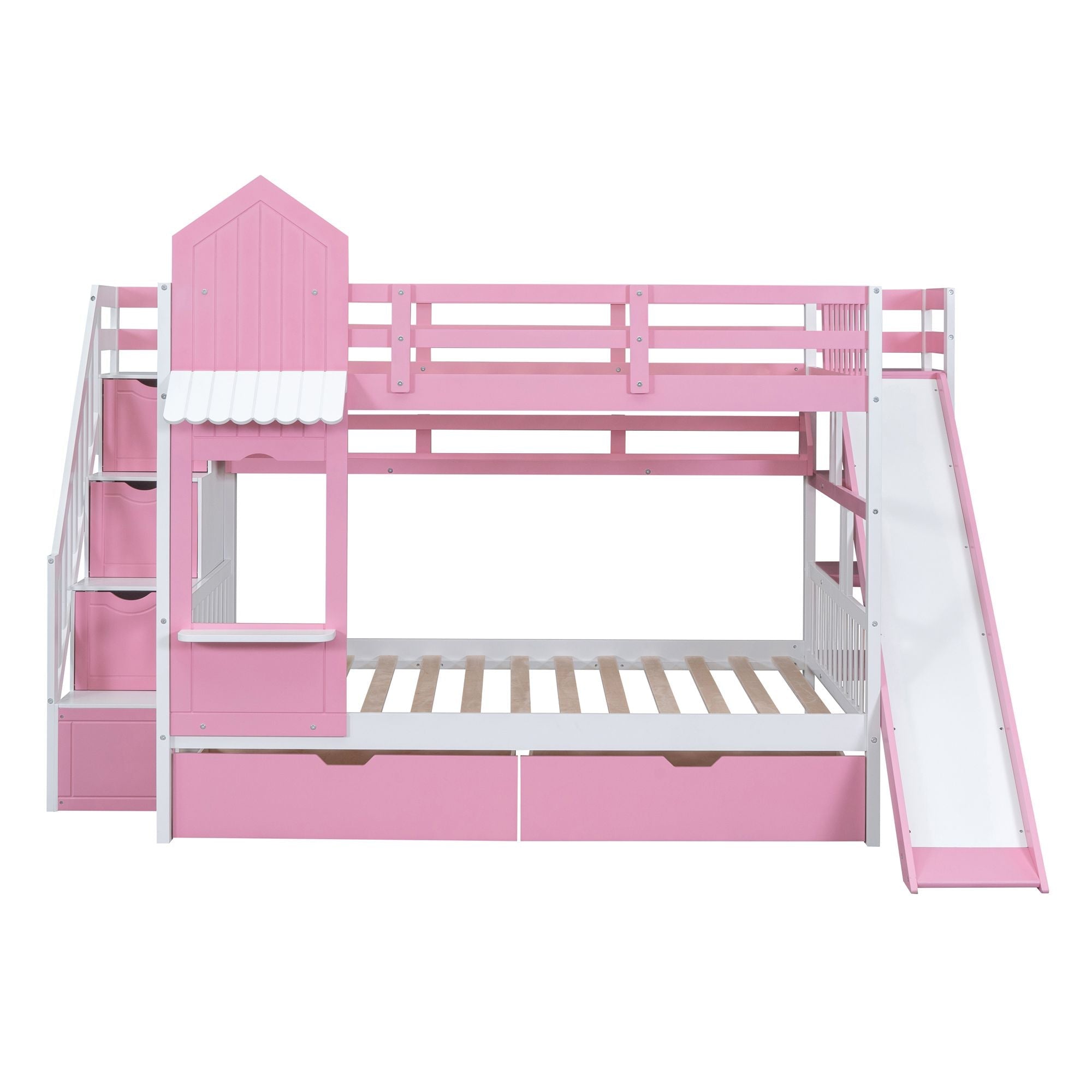 Full Over Full Wood Castle Bunk Bed with Slide, Drawers, and Shelves in Pink | Just Better Bunk Beds