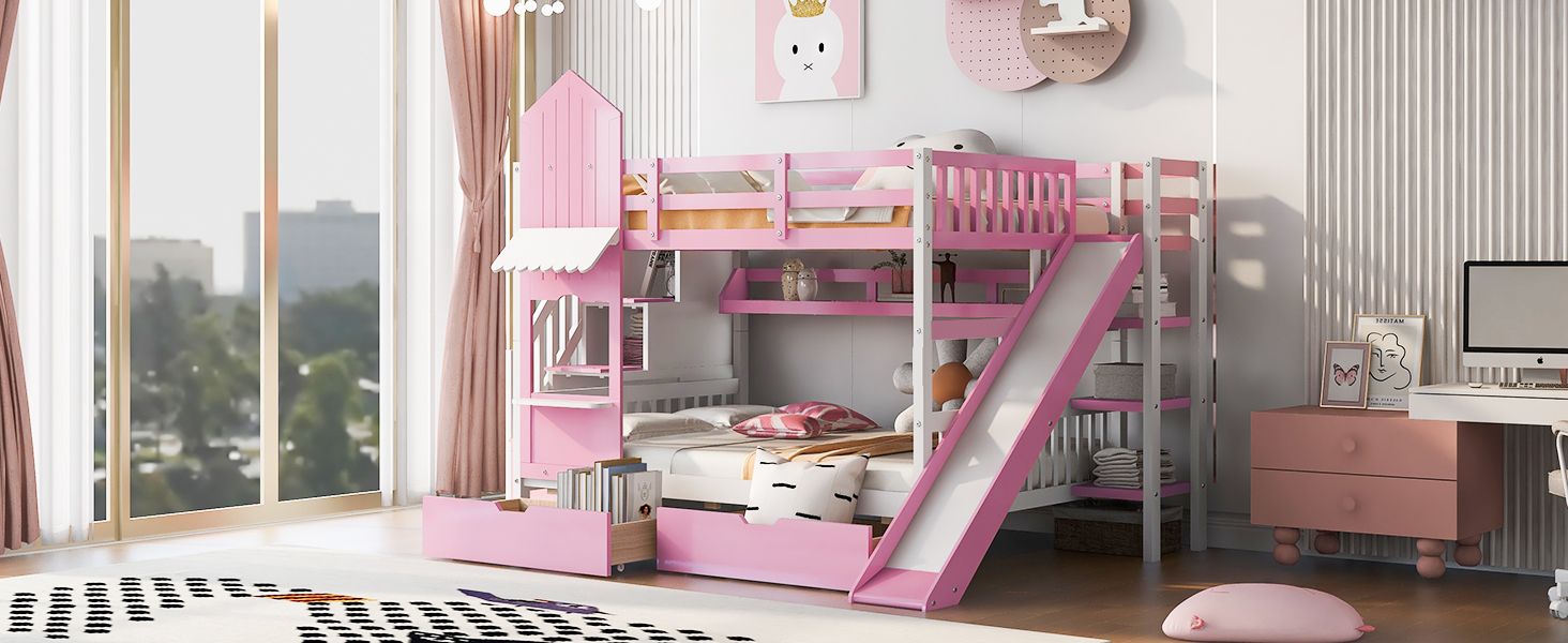Full Over Full Wood Castle Bunk Bed with Slide, Drawers, and Shelves in Pink | Just Better Bunk Beds