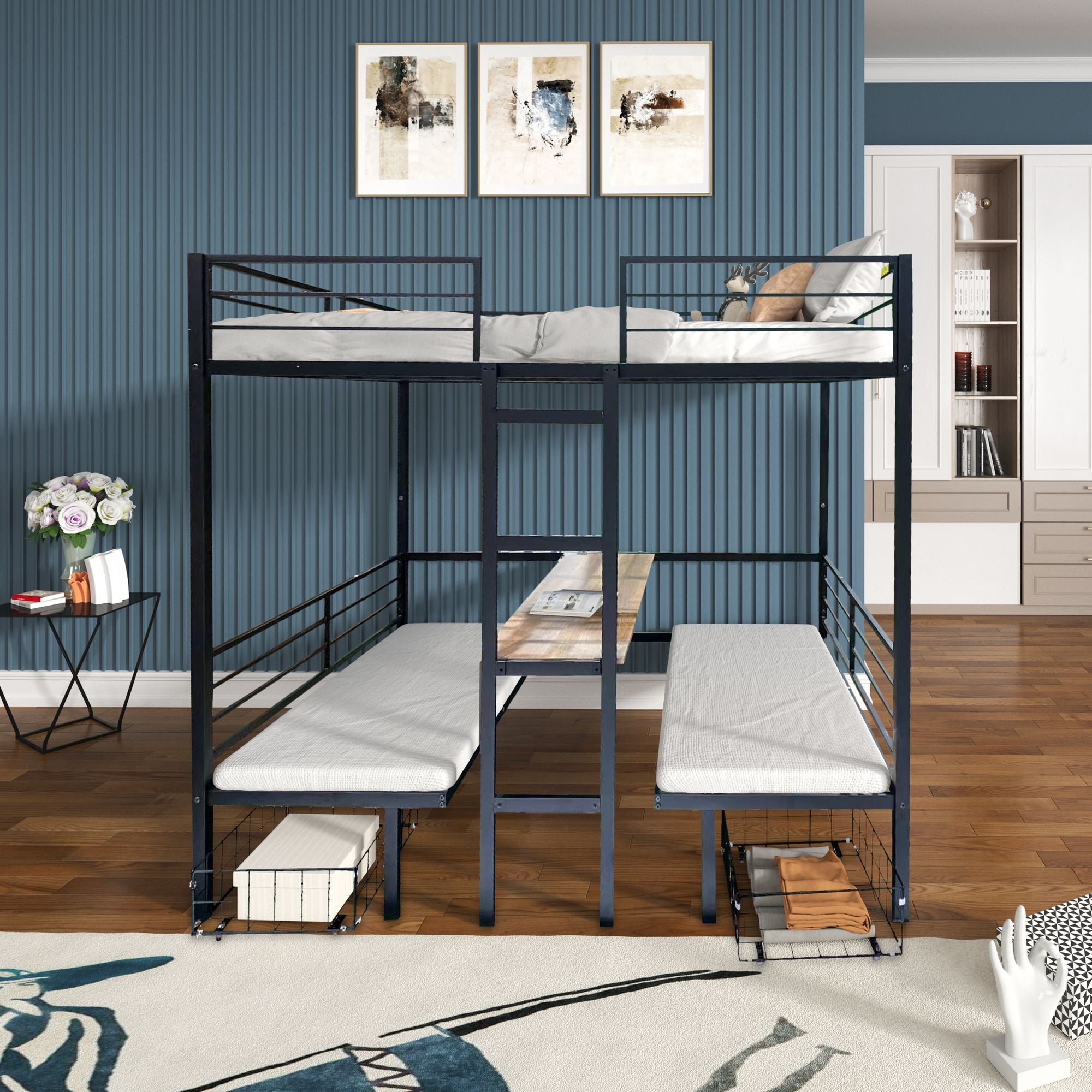 Full Size Convertible Wood Loft Bed with Table Set and Full Over Full Bunk Bed Capability, Black | Just Better Bunk Beds
