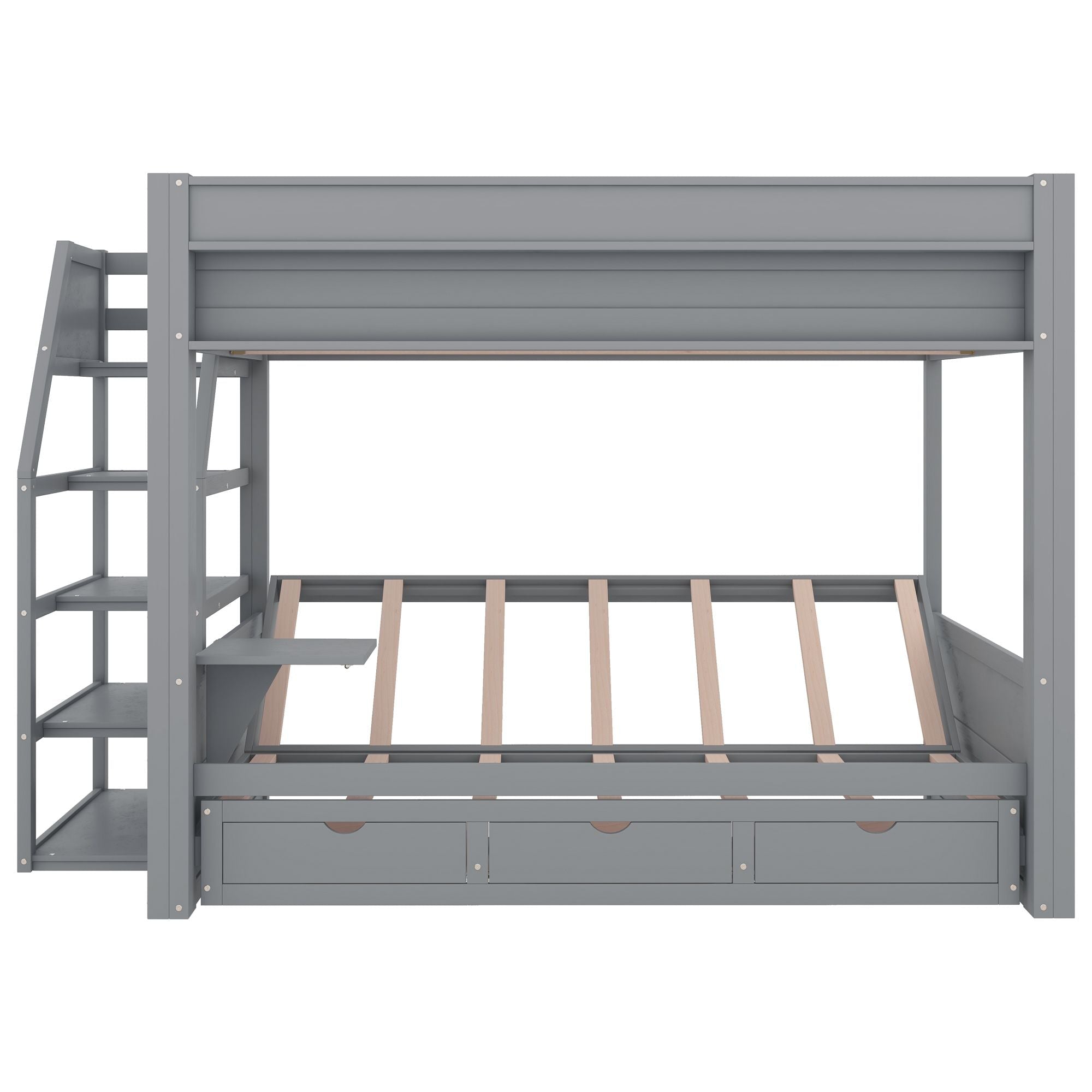 Full Size Wood Convertible Bunk Bed with Storage Staircase, Bedside Table, and 3 Drawers Gray | Just Better Bunk Beds