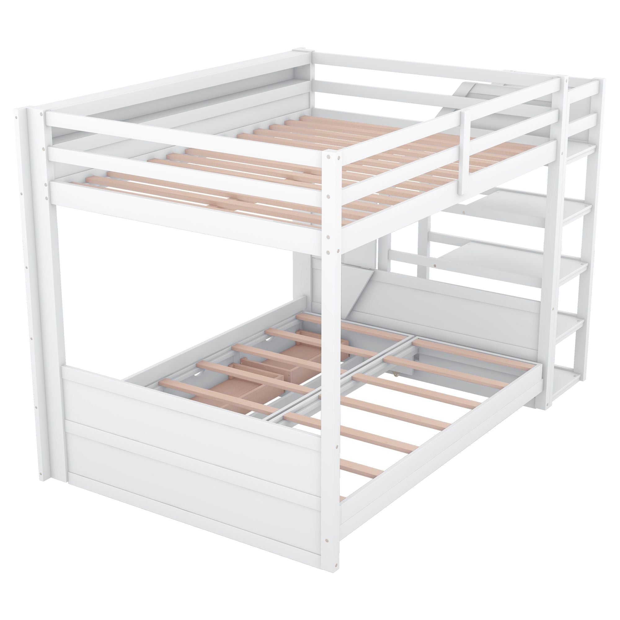 Full Size Wood Convertible Bunk Bed with Storage Staircase, Bedside Table, and 3 Drawers Gray | Just Better Bunk Beds