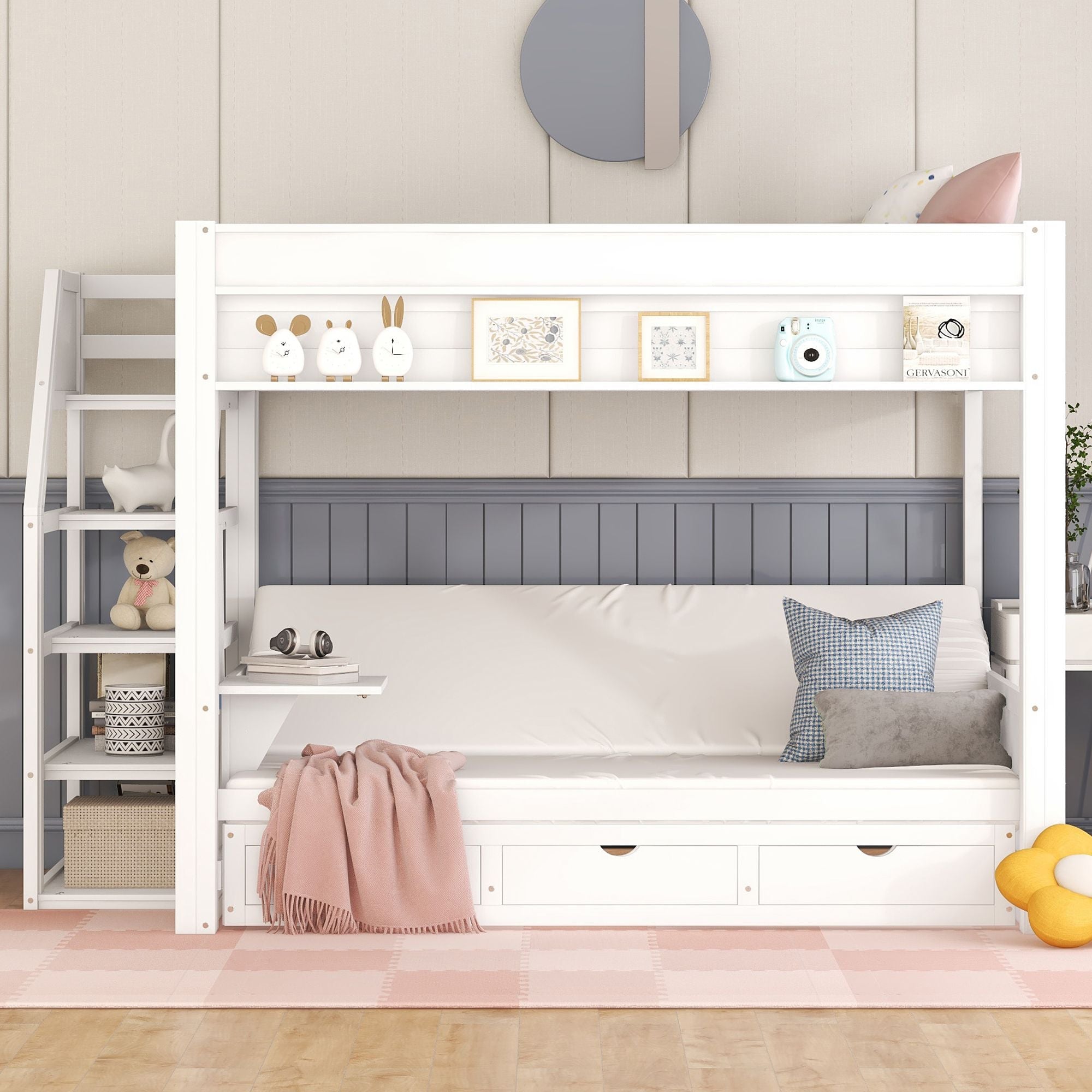 Full Size Wood Convertible Bunk Bed with Storage Staircase, Bedside Table, and 3 Drawers Gray | Just Better Bunk Beds