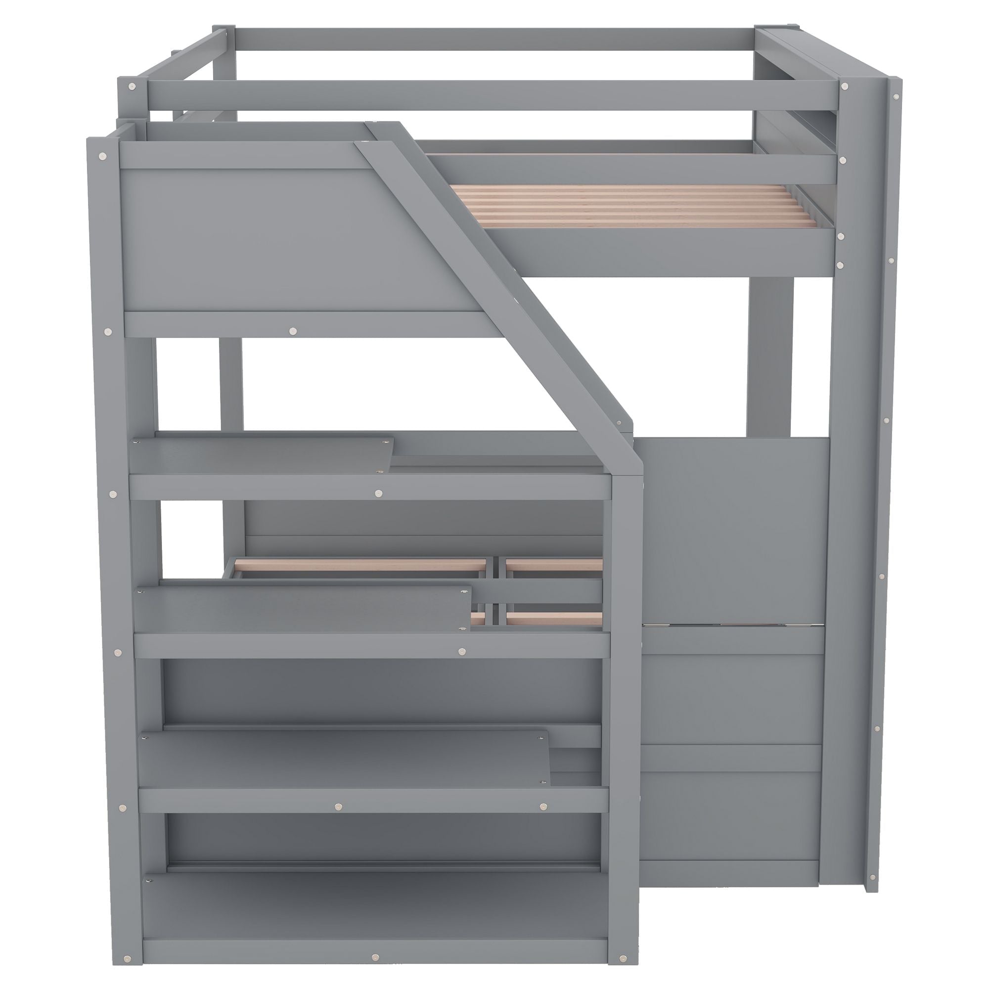 Full Size Wood Convertible Bunk Bed with Storage Staircase, Bedside Table, and 3 Drawers Gray | Just Better Bunk Beds