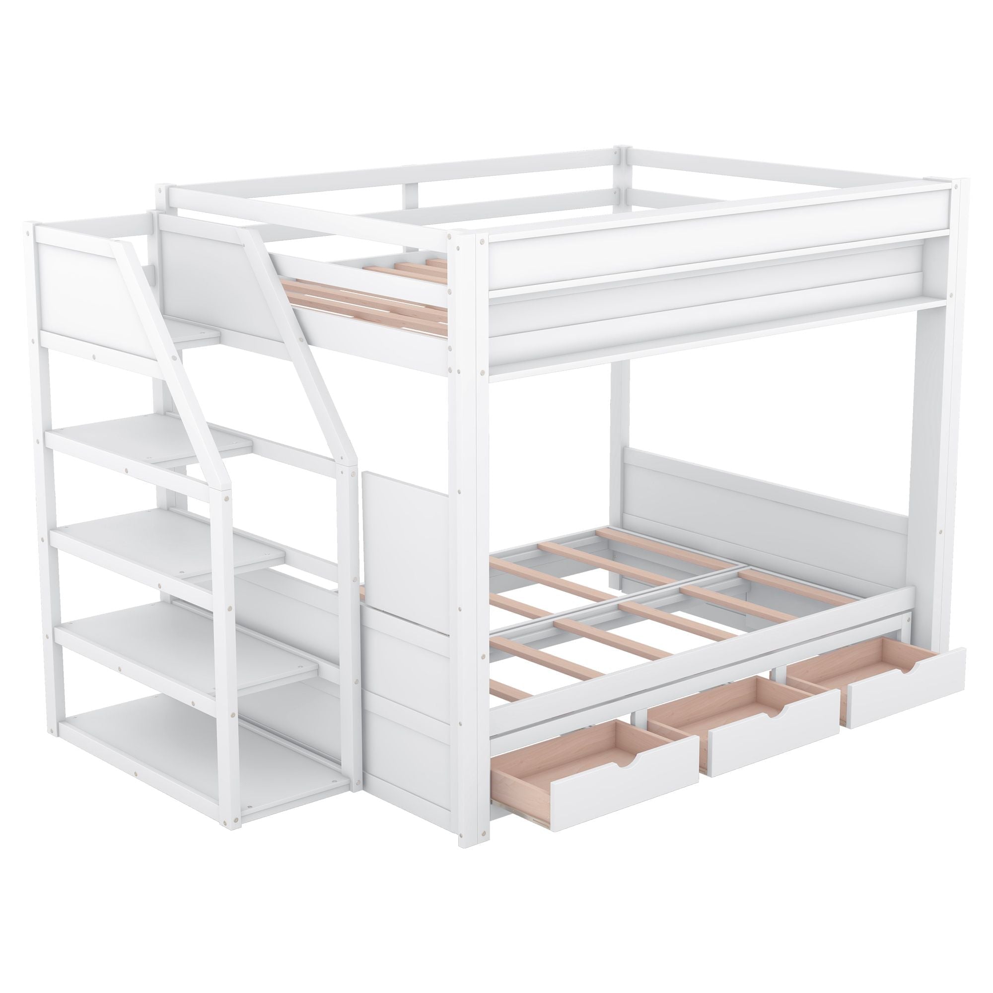 Full Size Wood Convertible Bunk Bed with Storage Staircase, Bedside Table, and 3 Drawers Gray | Just Better Bunk Beds