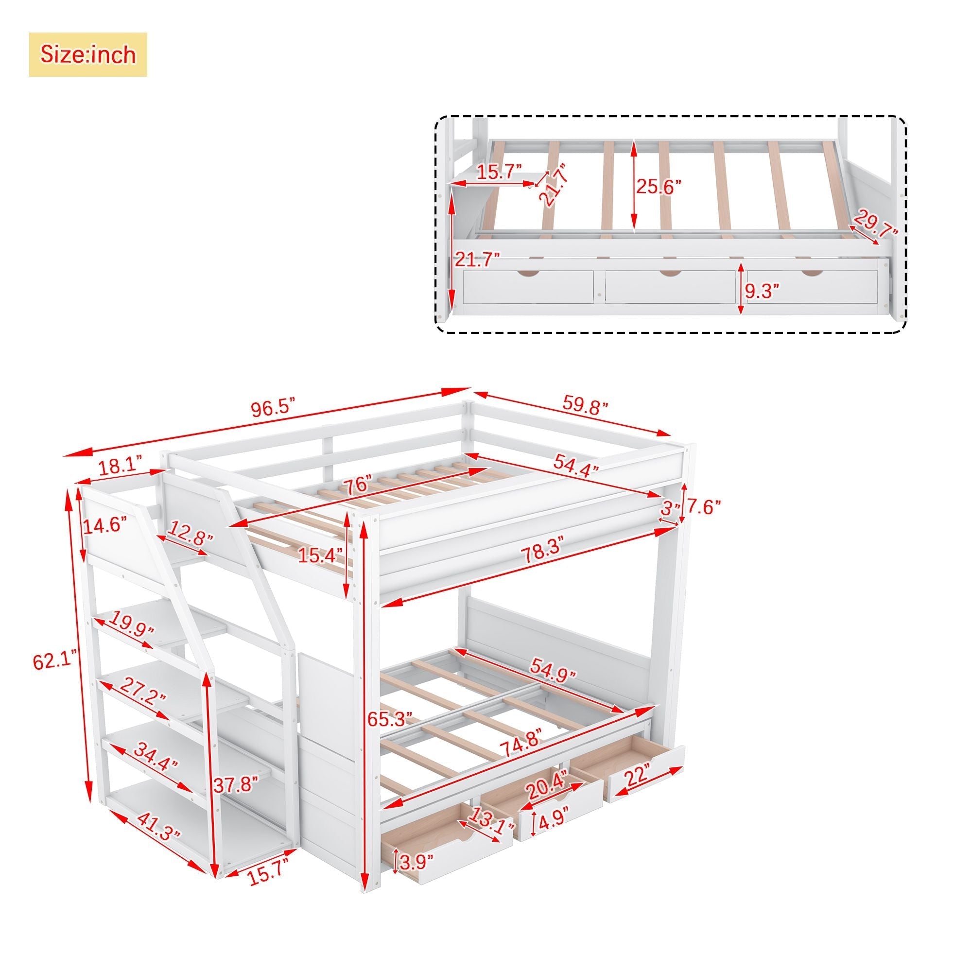 Full Size Wood Convertible Bunk Bed with Storage Staircase, Bedside Table, and 3 Drawers Gray | Just Better Bunk Beds
